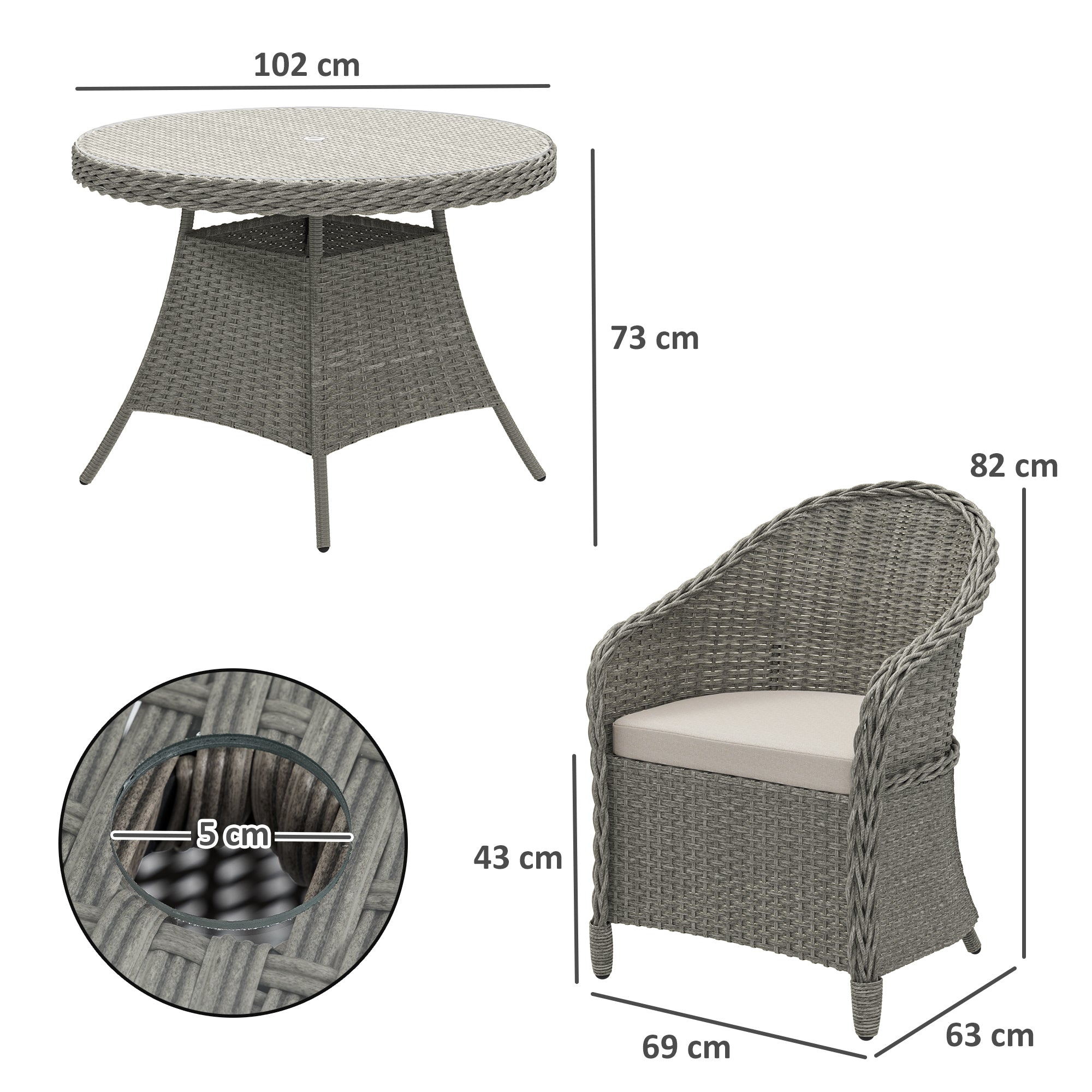 4 Seater Round PE Rattan Garden Dining Set with Cushions and Glass-Top Table - Grey