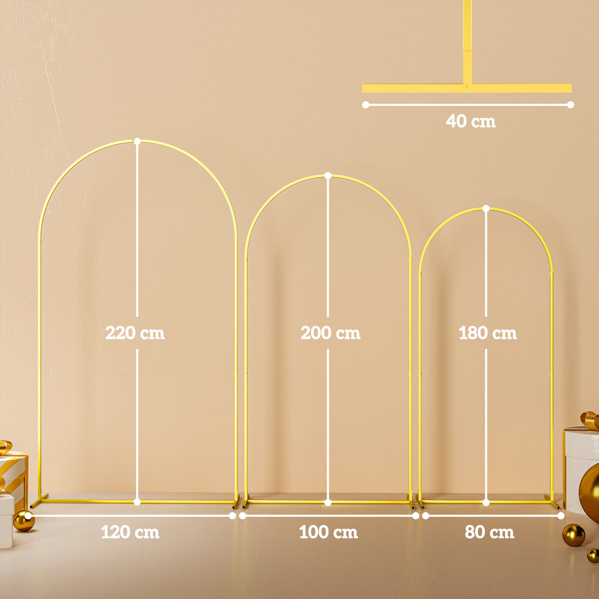 Wedding Arch Frame Set 2.2m, 2m, 1.8m Metal Balloon Arch Stand for Party, Bridal Shower, Graduation - Gold Tone