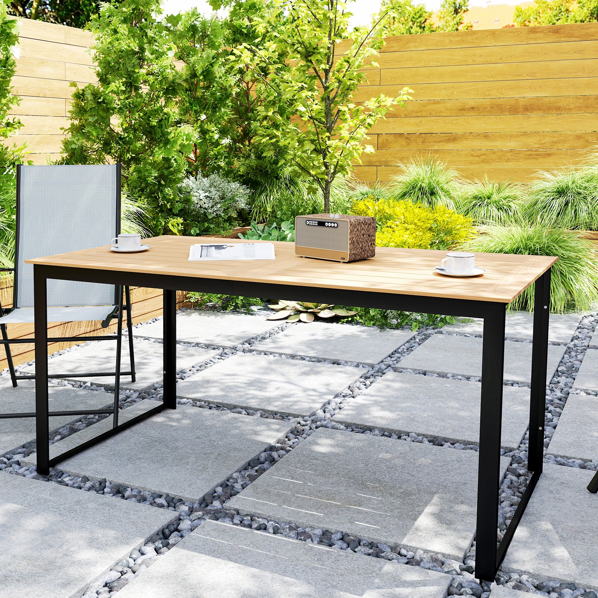 6 Seater Teak Effect Outdoor Dining Table with Metal Frame