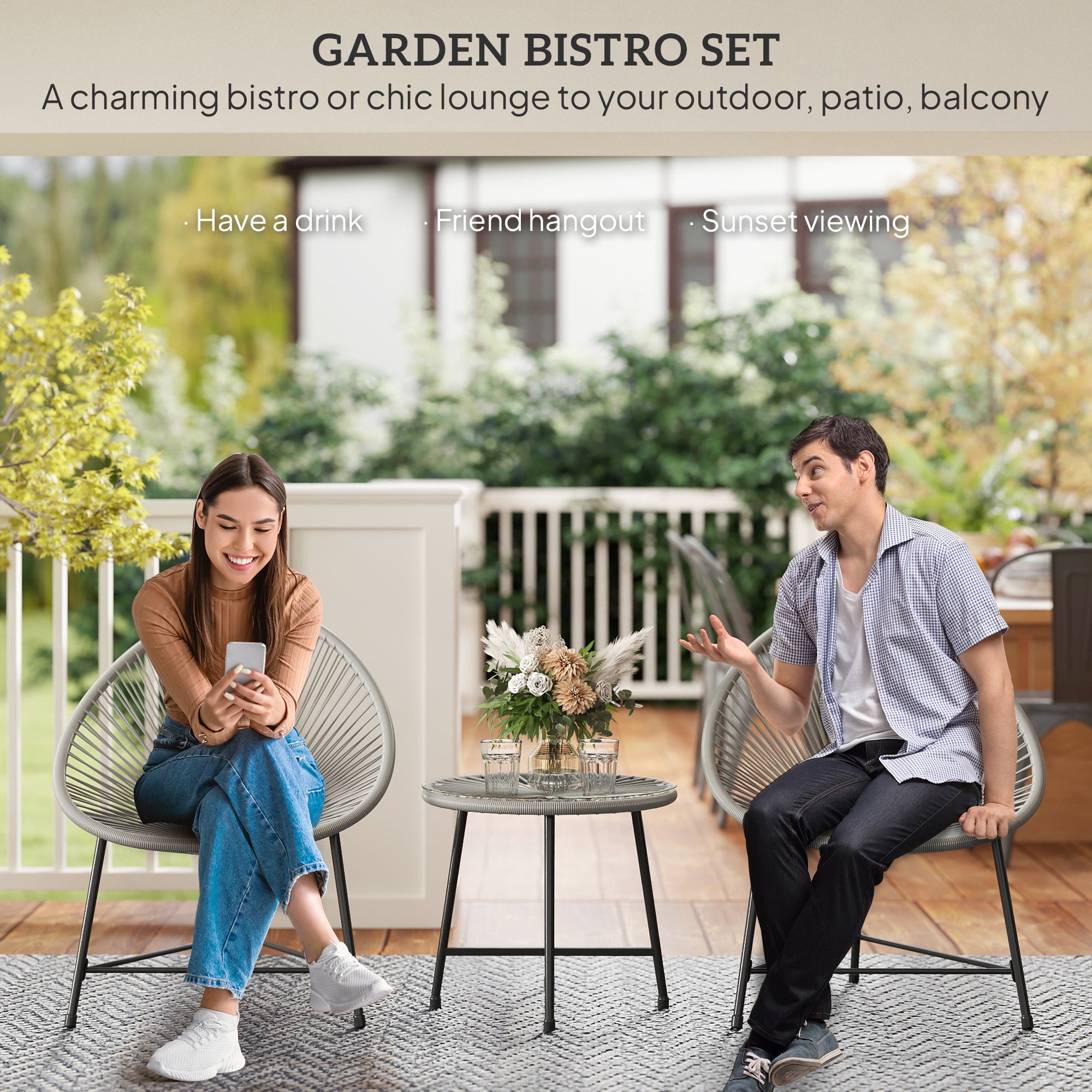 3 Pieces Rattan Bistro Set, Garden Bistro Set with Acapulco Chairs and Glass Top Table, Small Garden Furniture Set with Reinforced Metal Frame for Outdoor, Patio, Balcony, Grey