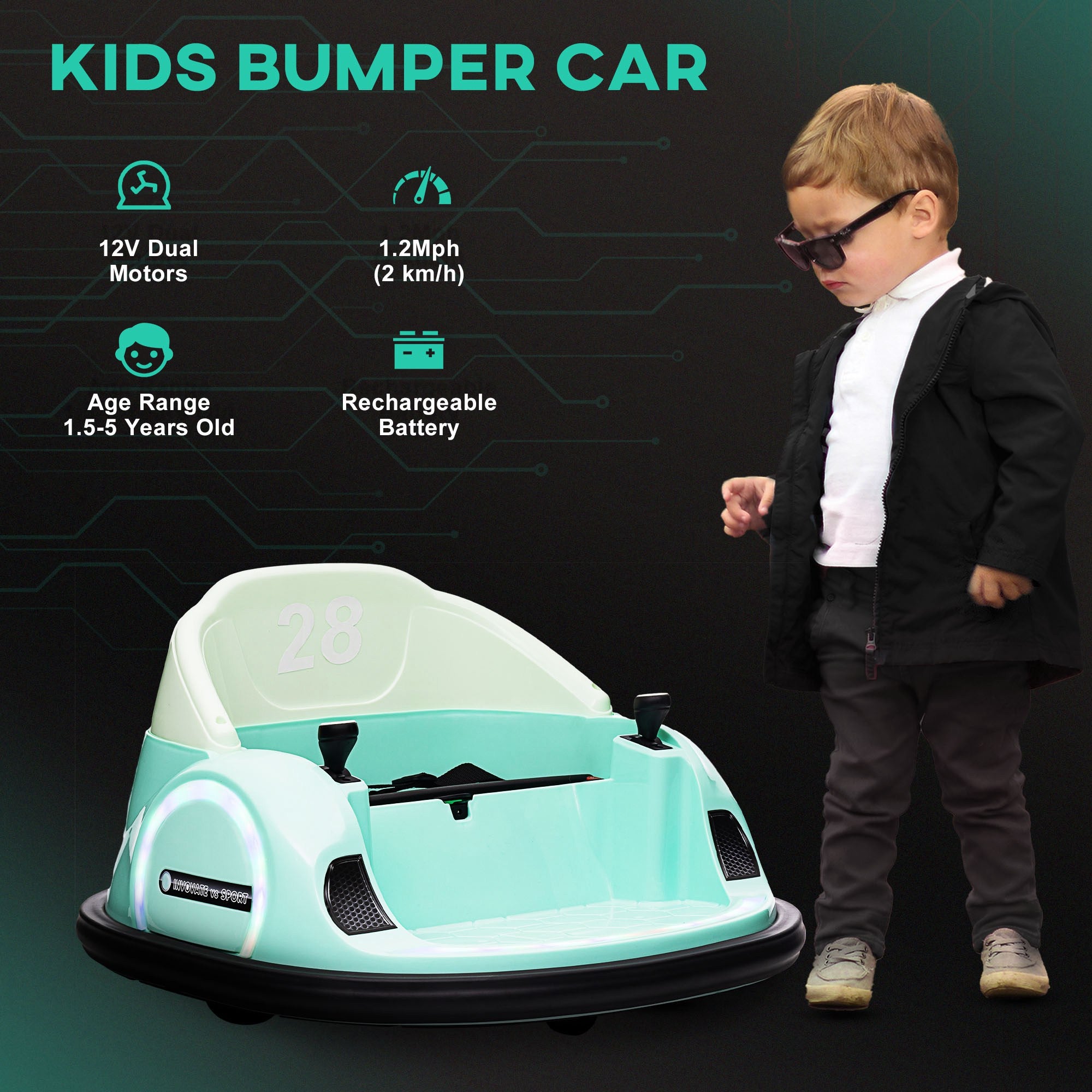 12V 360° Rotation Kids Bumper Car with Remote Control, Dual Joysticks, Music & Lights - Green