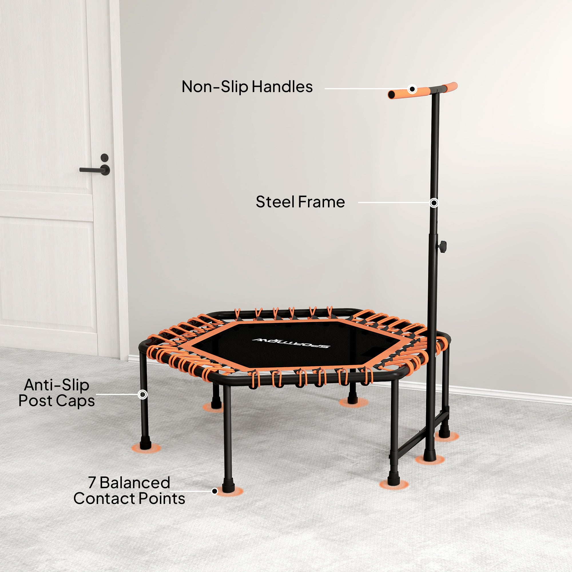 45" Rebounder Trampoline for Adults, Quiet Bungee Rebounder with LED Lights and Adjustable Handle, Orange