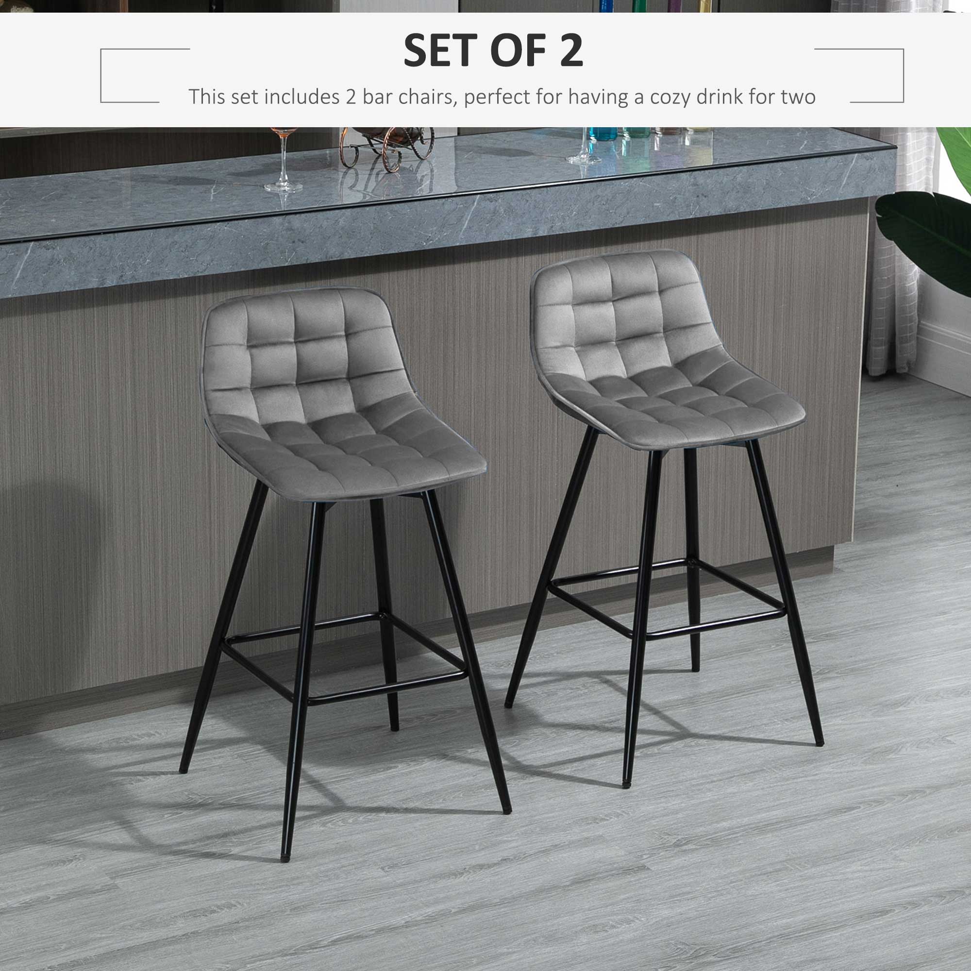 Set of 2 Bar Stools Velvet-Touch Dining Chairs Kitchen Counter Chairs Fabric Upholstered seat with Metal Legs, Backrest, Grey