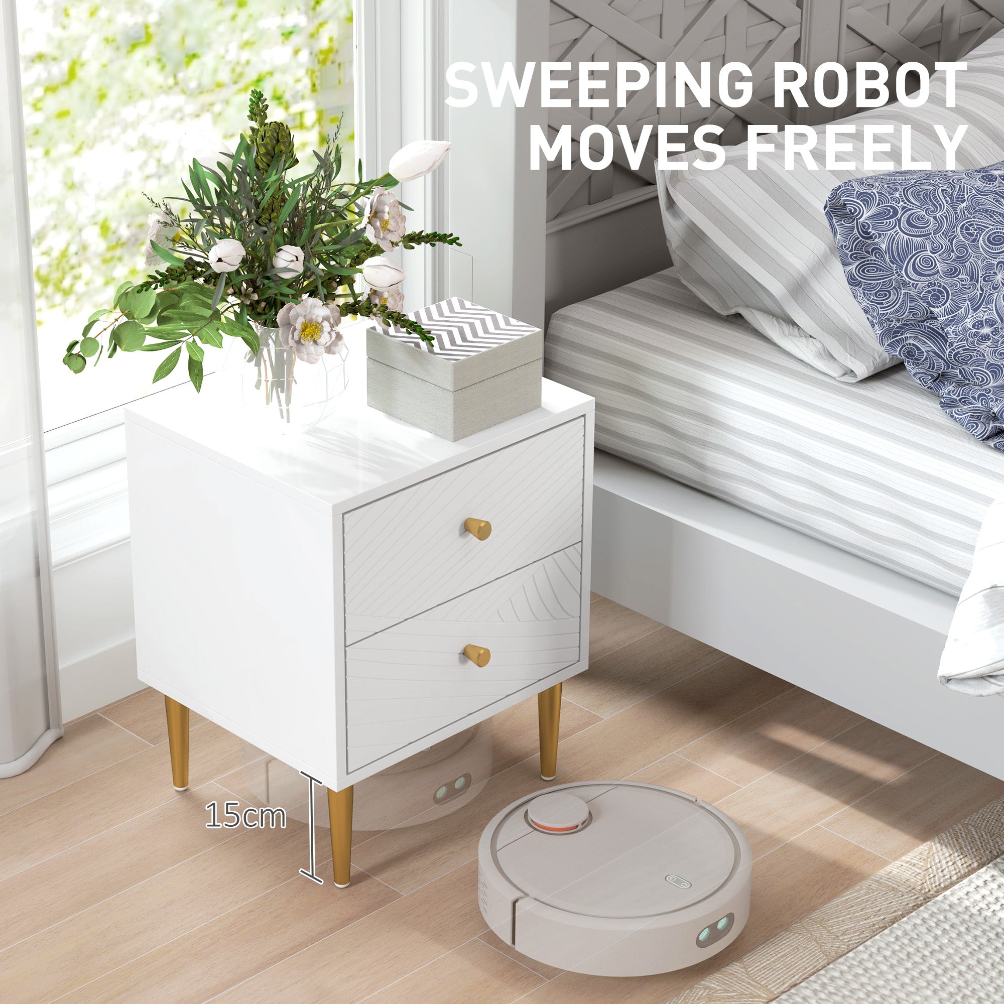 Two-Drawer Bedside Table with Gold-Tone Handles and Legs - White