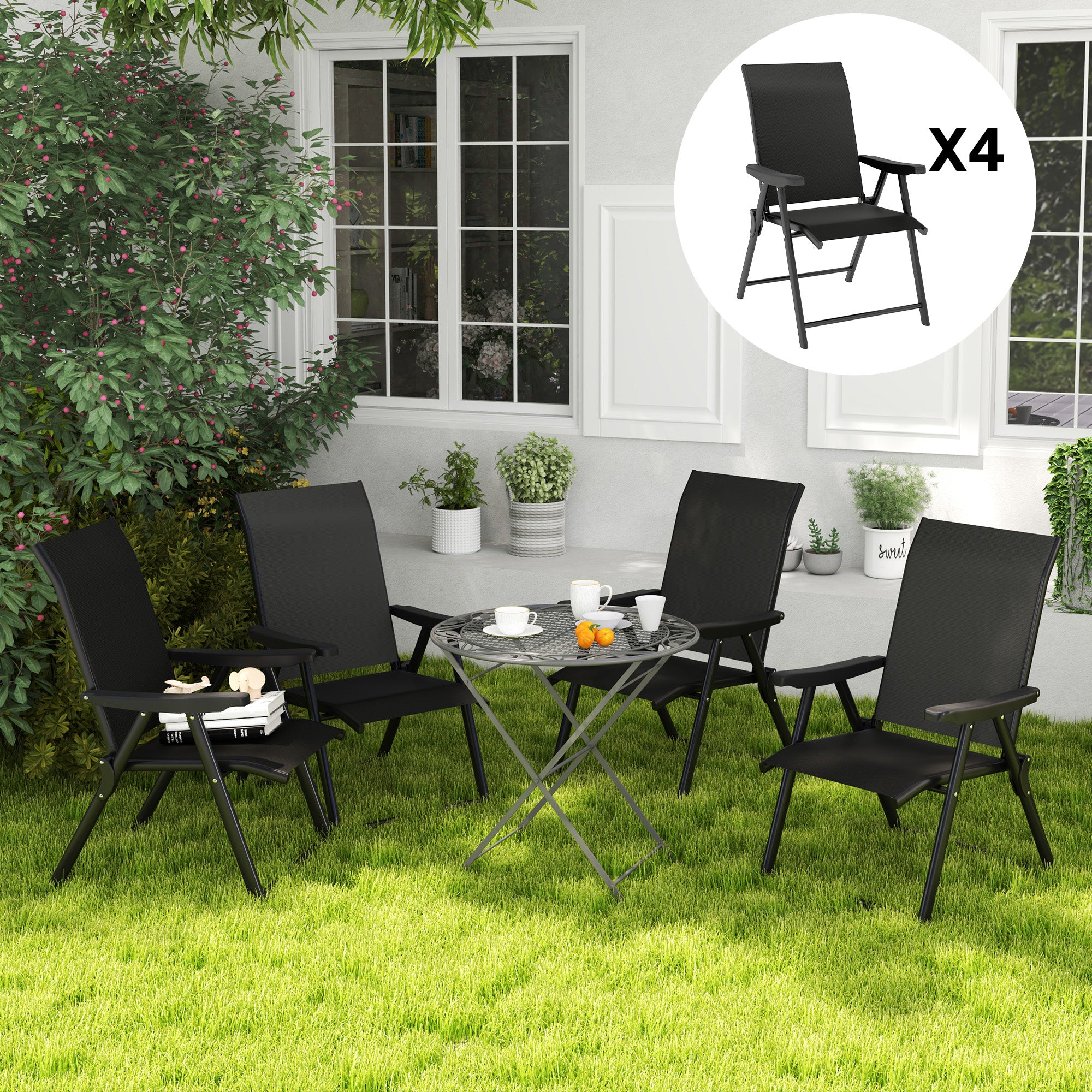 Set of Four Folding Outdoor Chairs with Breathable Mesh - Black