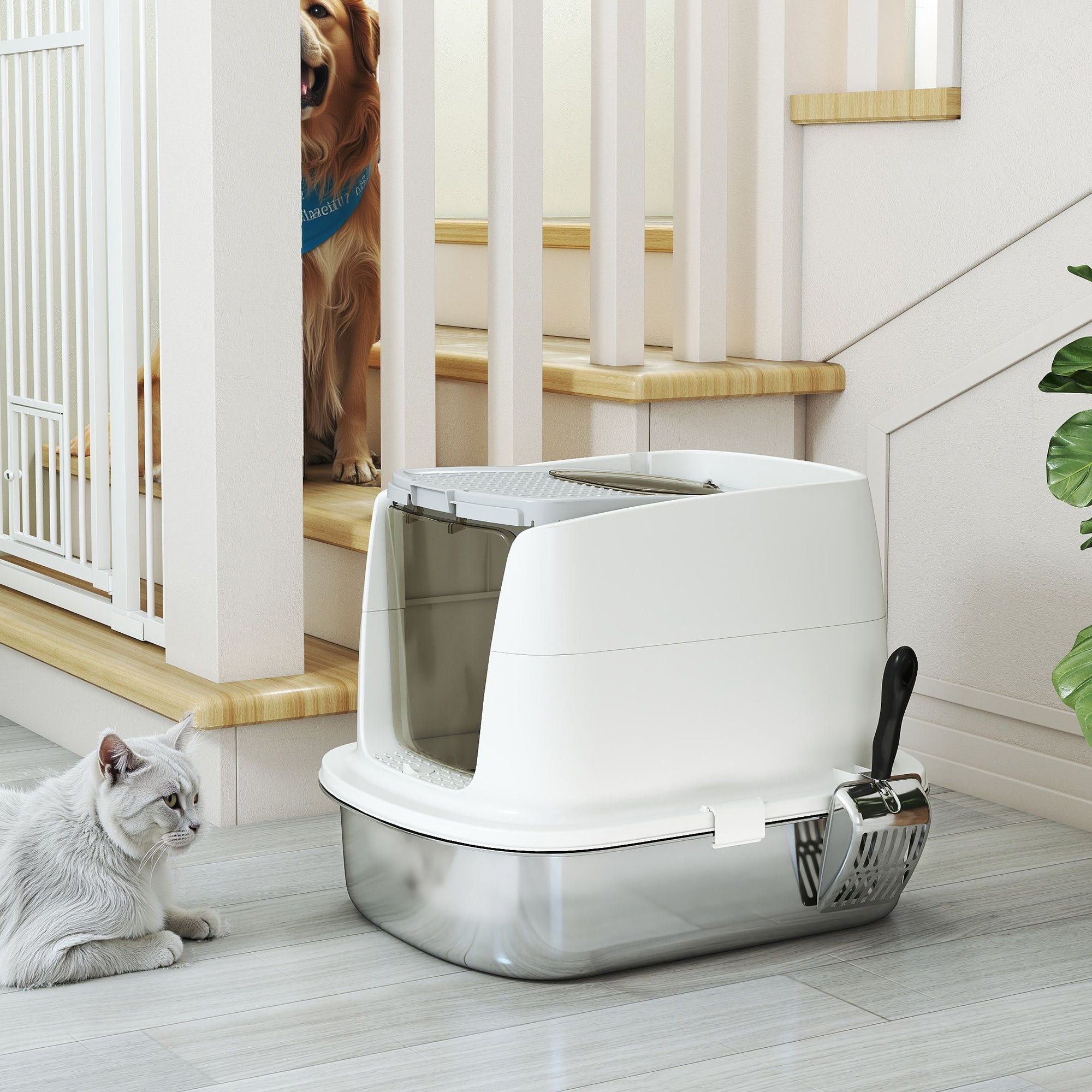 Large Stainless Steel Litter Box, Enclosed Metal Cat Litter Tray with Scoop, Deodoriser Bag, Front-Entry and Top-Exit