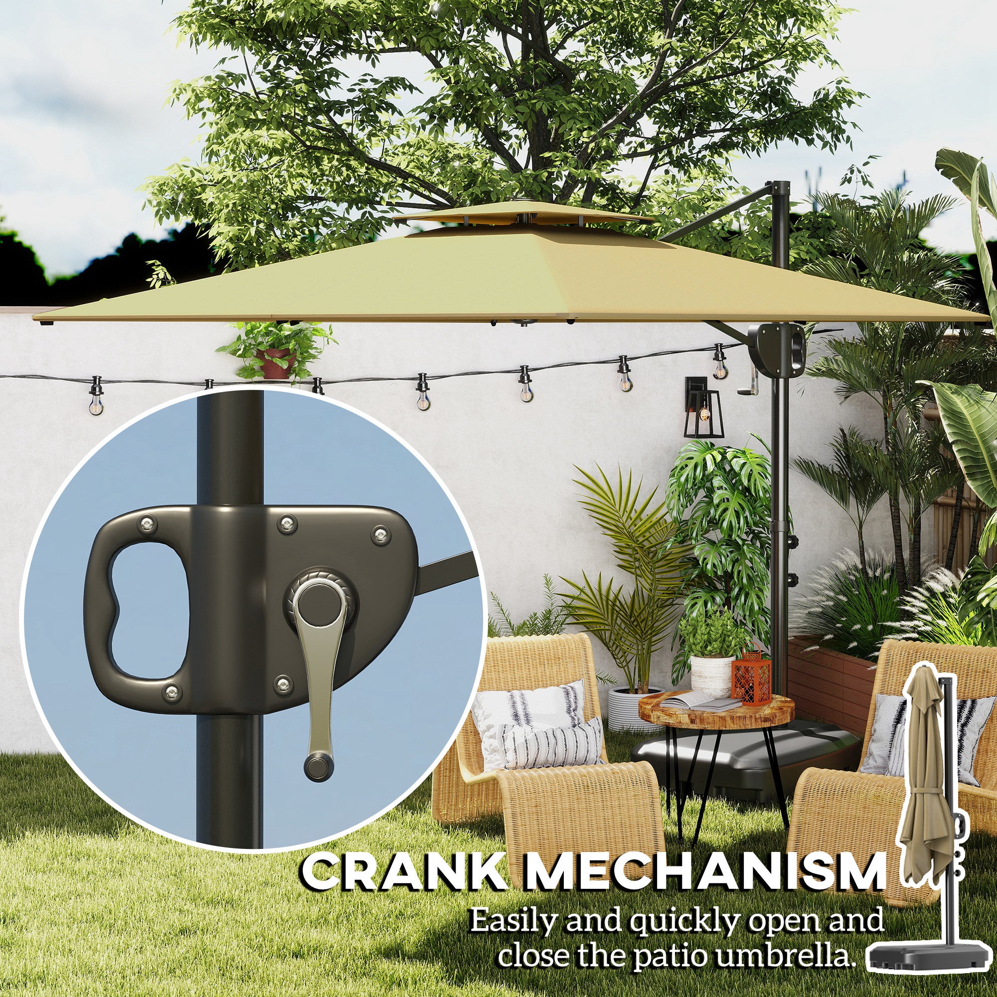 Cantilever Parasol with Weighted Base Double Top Garden Parasol Square Hanging Patio Umbrella with Crank Tilt Khaki