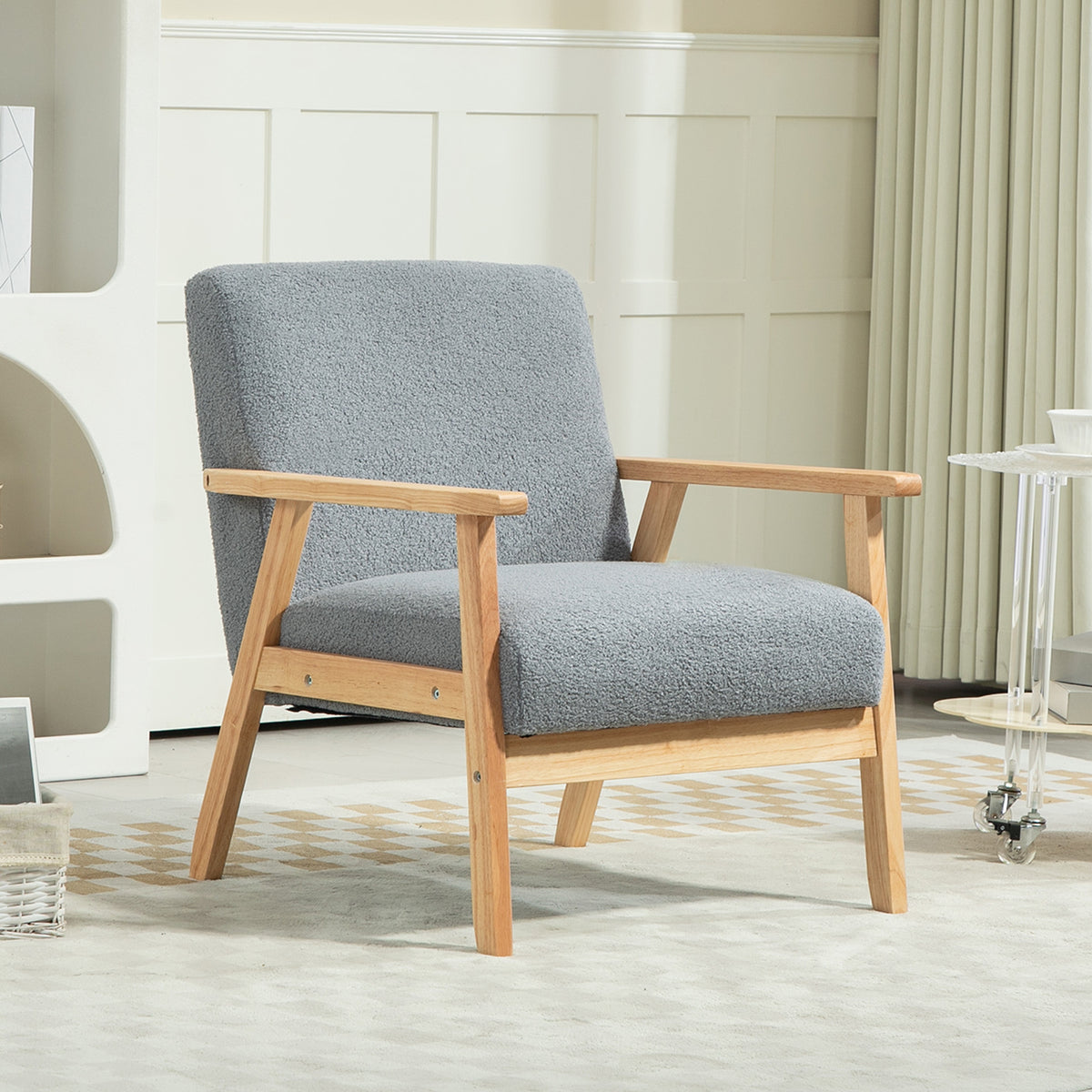 Wide Seat Accent Chair with Wood Frame and Thick Cashmere Cushions - Grey