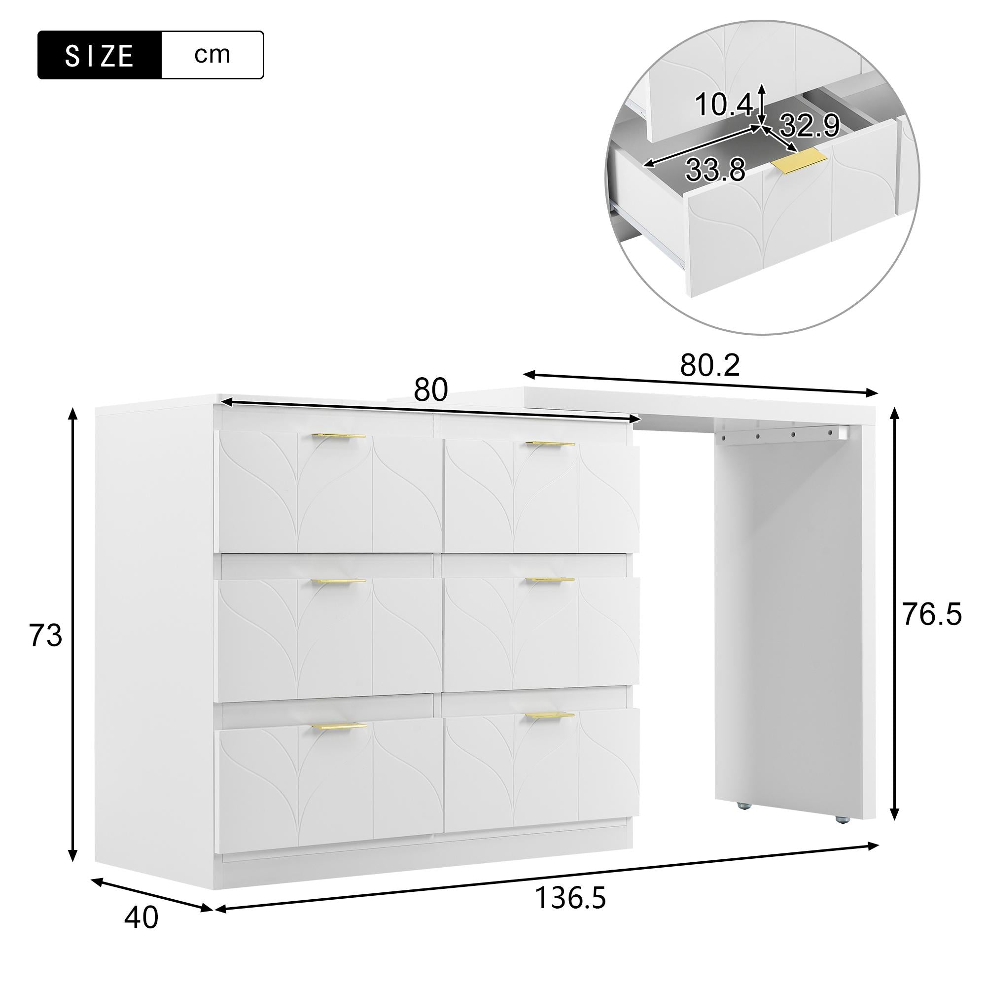 Elegant Dressing Table with 180° Rotating Top and 6 Silent Drawers - White