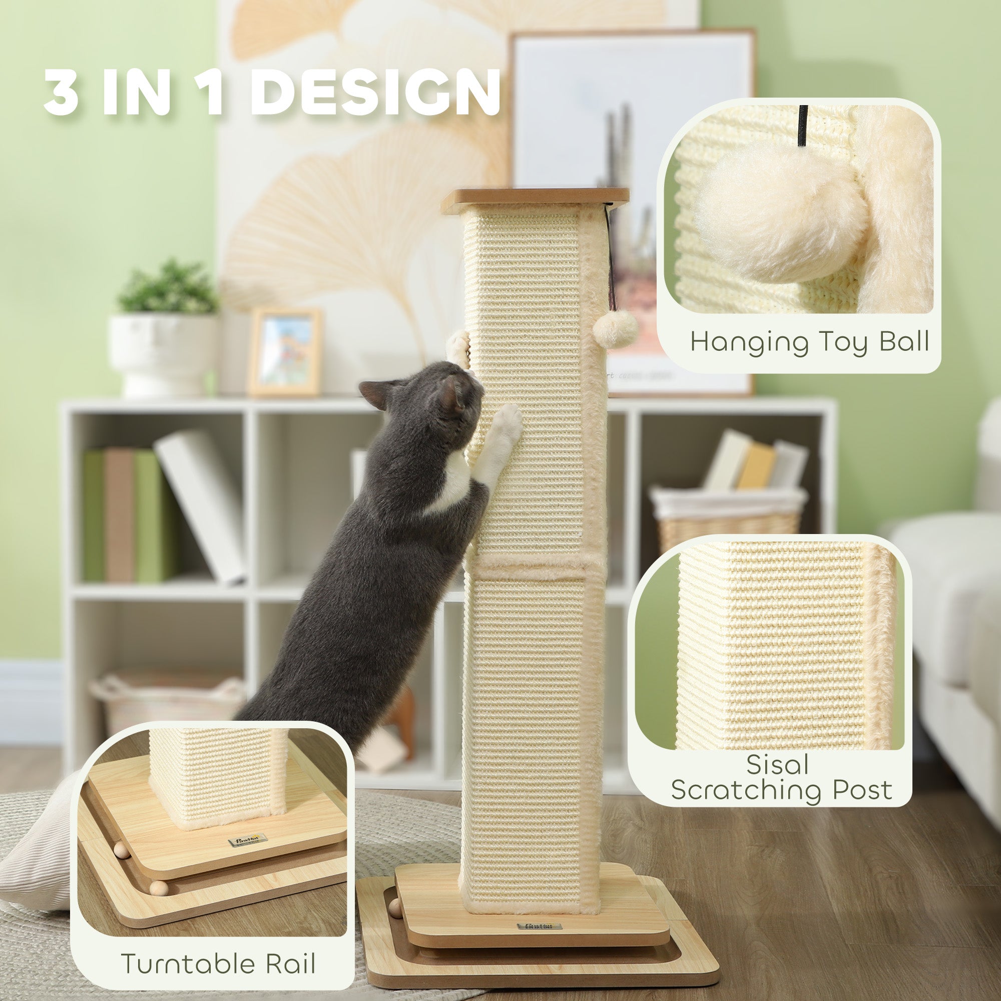 3-in-1 Cat Scratching Post, 87cm Cat Scratcher w/ Track Ball Toy, Oak Tone