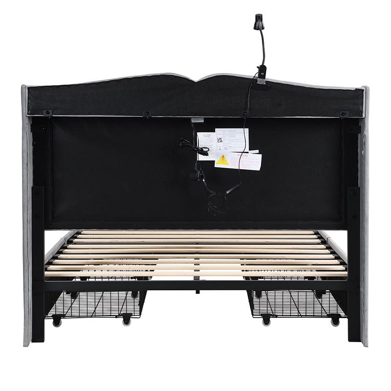 Double Upholstered Bed with 4 Drawers, USB Ports and Adjustable Lamp - Gray Velvet