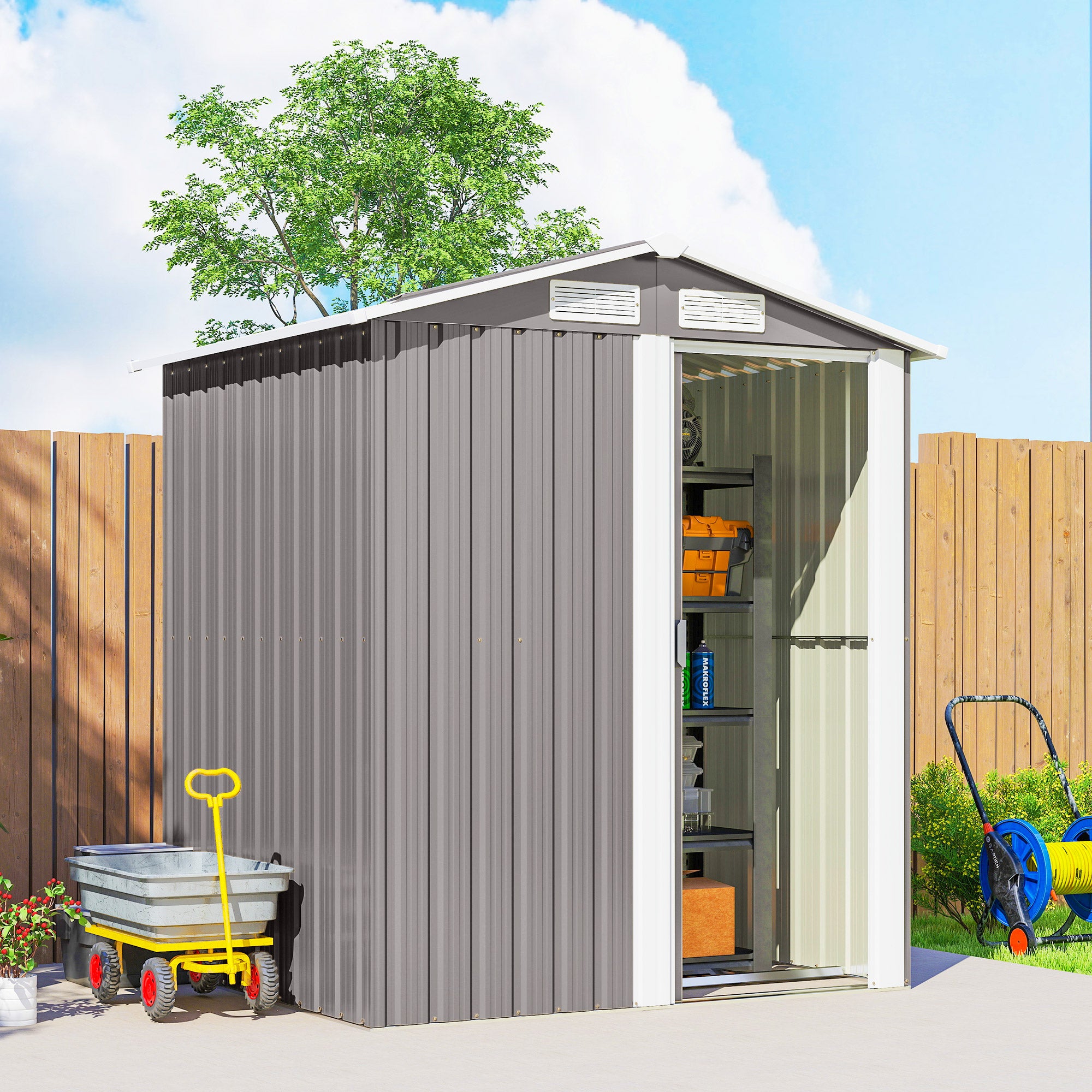 Garden Metal Tool Storage Shed with Sliding Door, Sloped Roof and Foundation Kit, 152 x 132 x 188cm, Grey