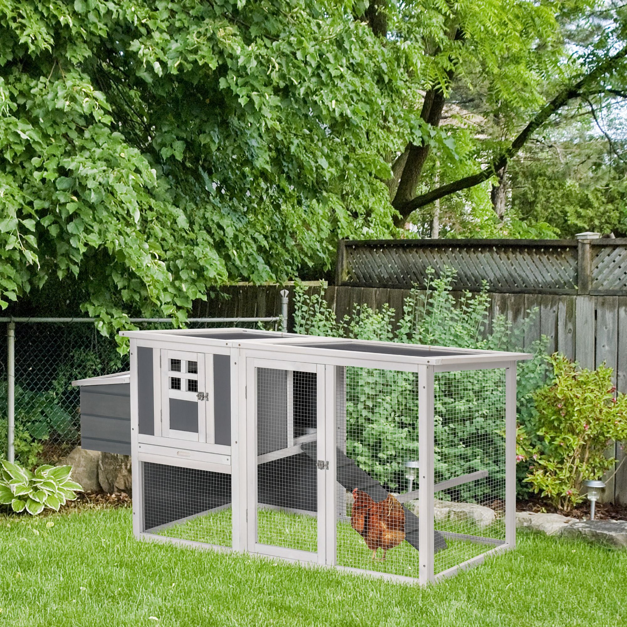 Chicken Coop with Run Rabbit Hutch Wooden Poultry Cage Hen House w/ Nesting Box Removable Tray Openable Roof Grey 162 x 76.5 x 79.5cm