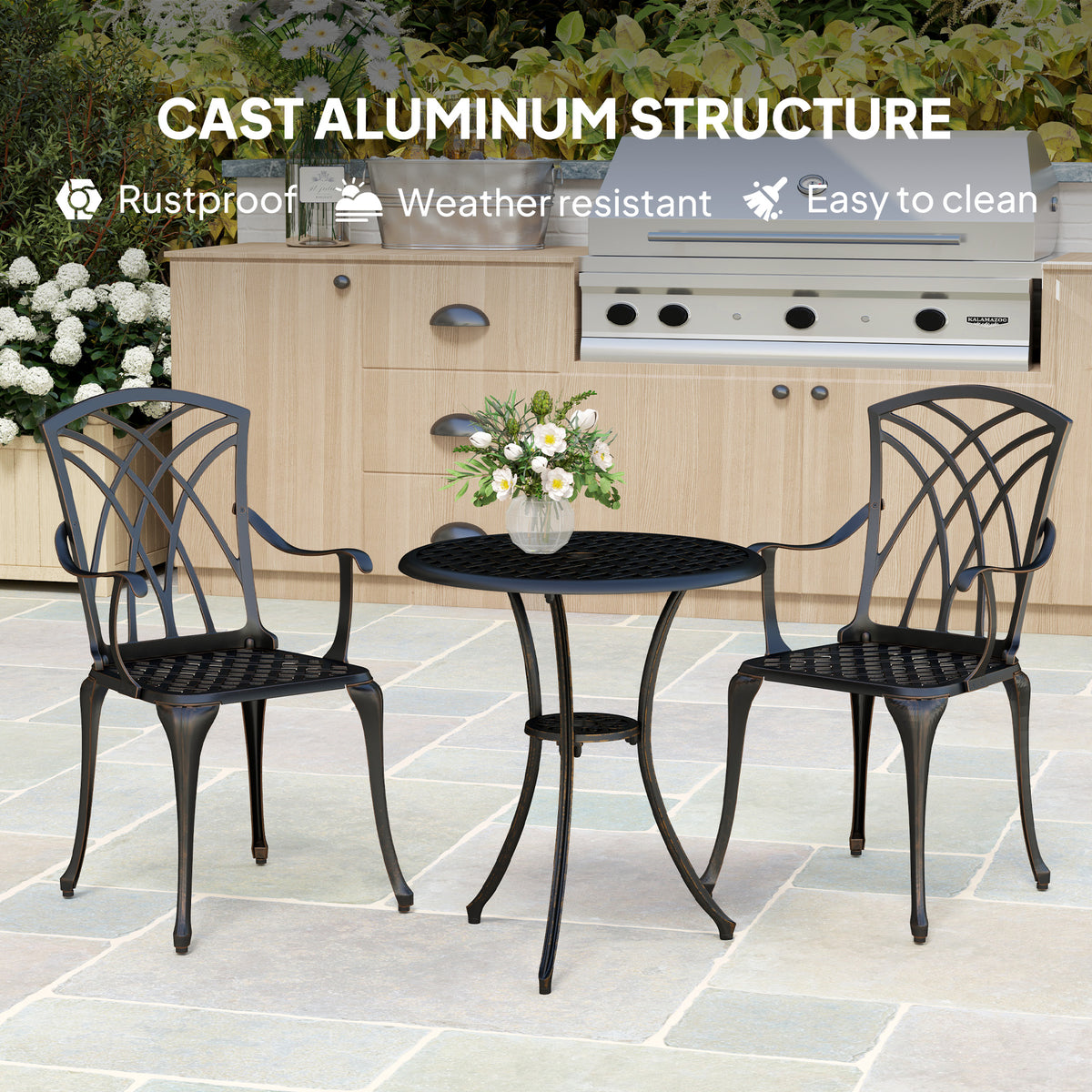 3-Piece Cast Aluminium Garden Dining Set for 2 with Parasol Hole - Bronze Tone