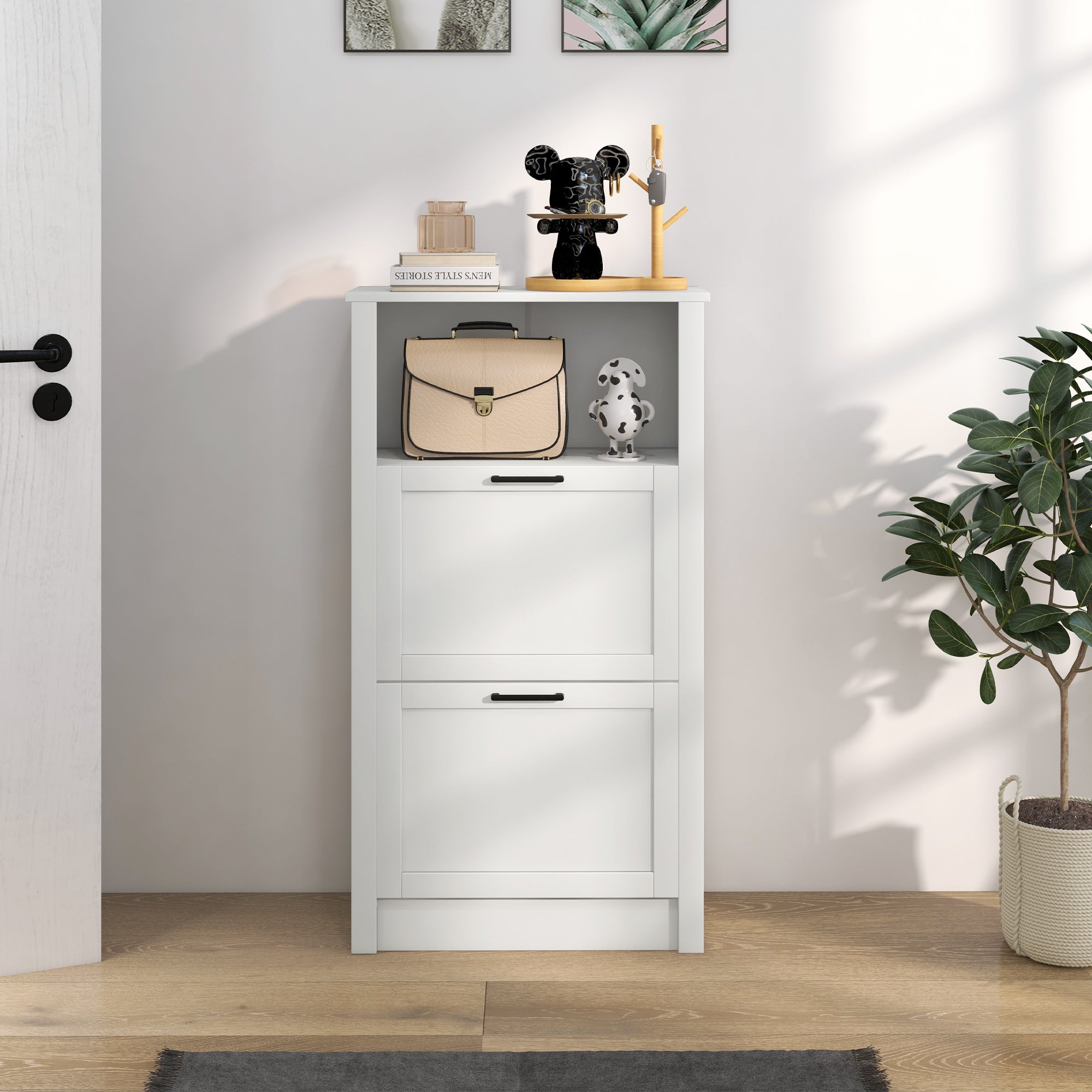 Modern Shoe Cabinet with 2 Flip Drawers and Adjustable Shelves, Narrow Shoe Storage Cabinet with Open Compartment, Holds 10 Pairs for Entryway, Hallway, White