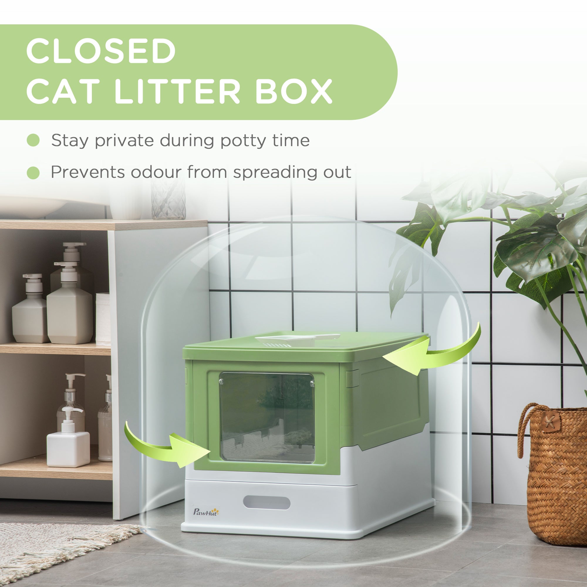 Hooded Cat Litter Box, Portable Pet Toilet, with Scoop, Front Entry - Light Green