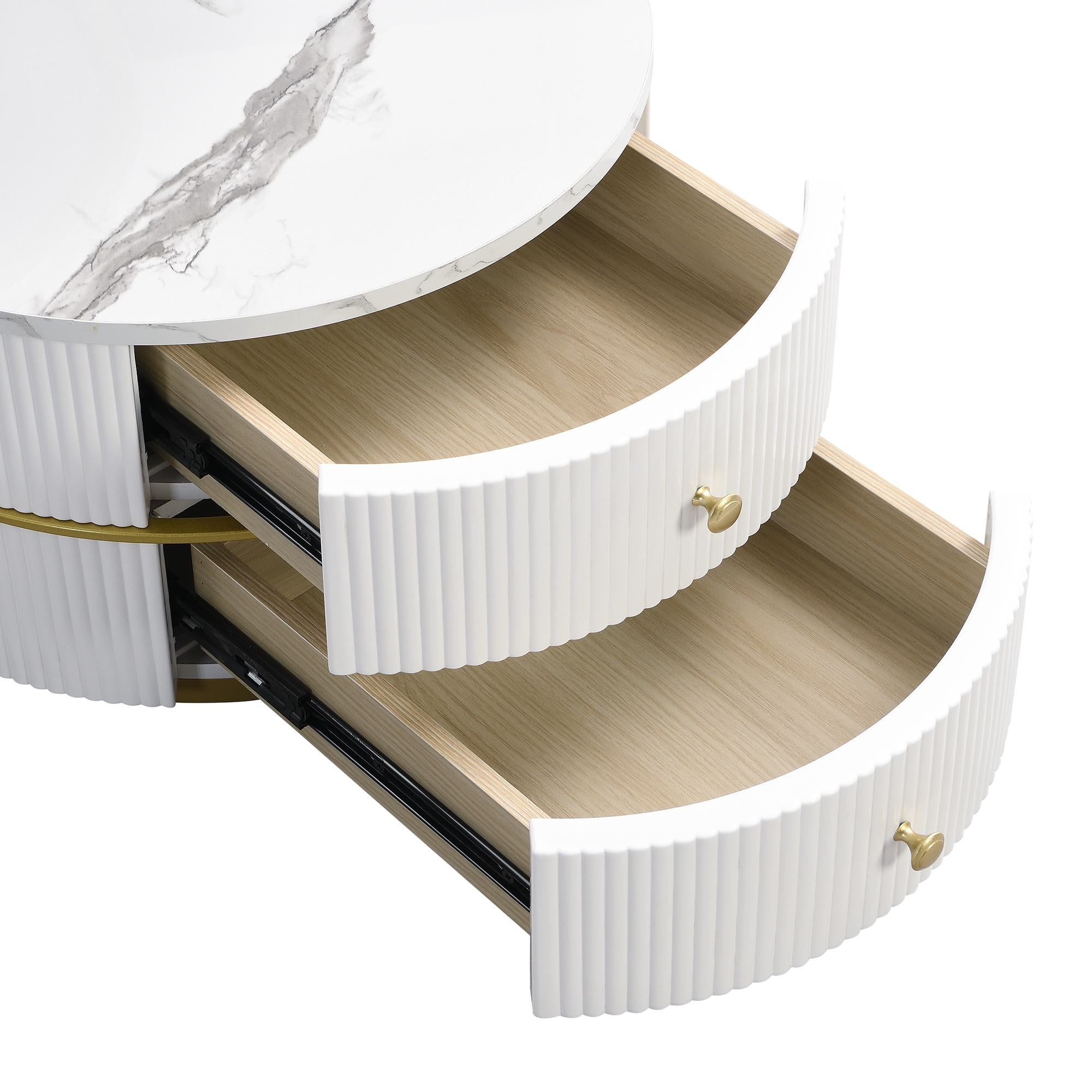 2 Piece High Gloss Round Nesting Coffee Table Set with Marble Top, Living Room Centre Tables with Storage Drawers, Gold+White