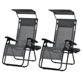 2 Piece Foldable Zero Gravity Reclining Garden Chairs with Headrest, Footrest, Armrest, Cup Holder & Canopy Shade - Light Grey