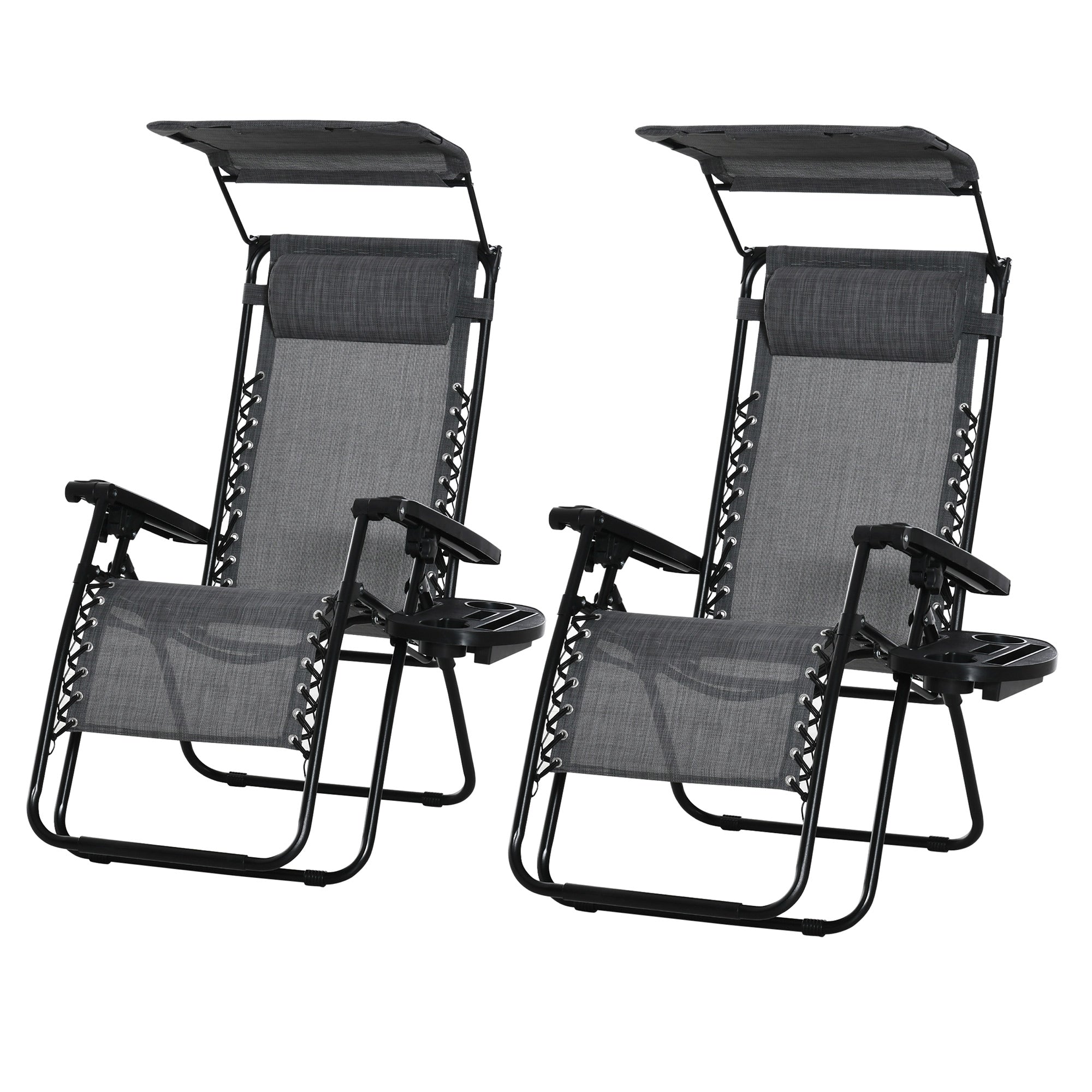 2 Piece Foldable Reclining Garden Chair with Headrest, Zero Gravity Deck Sun Lounger Seat Chair with Footrest, Armrest, Cup Holder & Canopy Shade, Light Grey