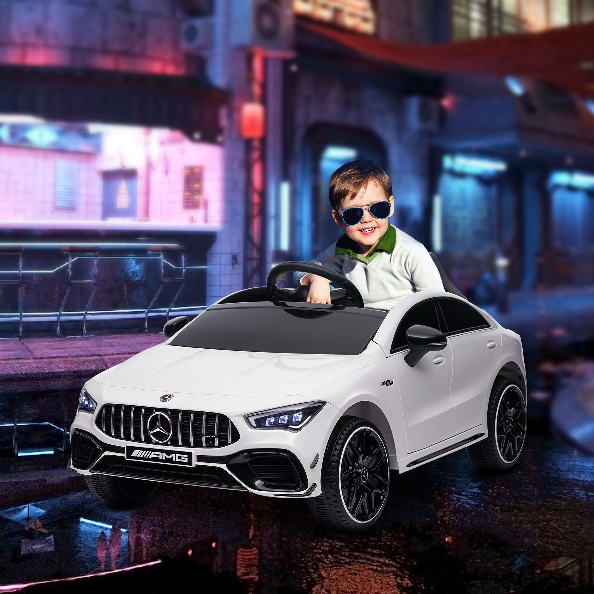 Mercedes-Benz AMG CLA 45 Licensed 12V Kids Electric Car Ride on Car w/ Remote, Suspension Lights Music Horn - White