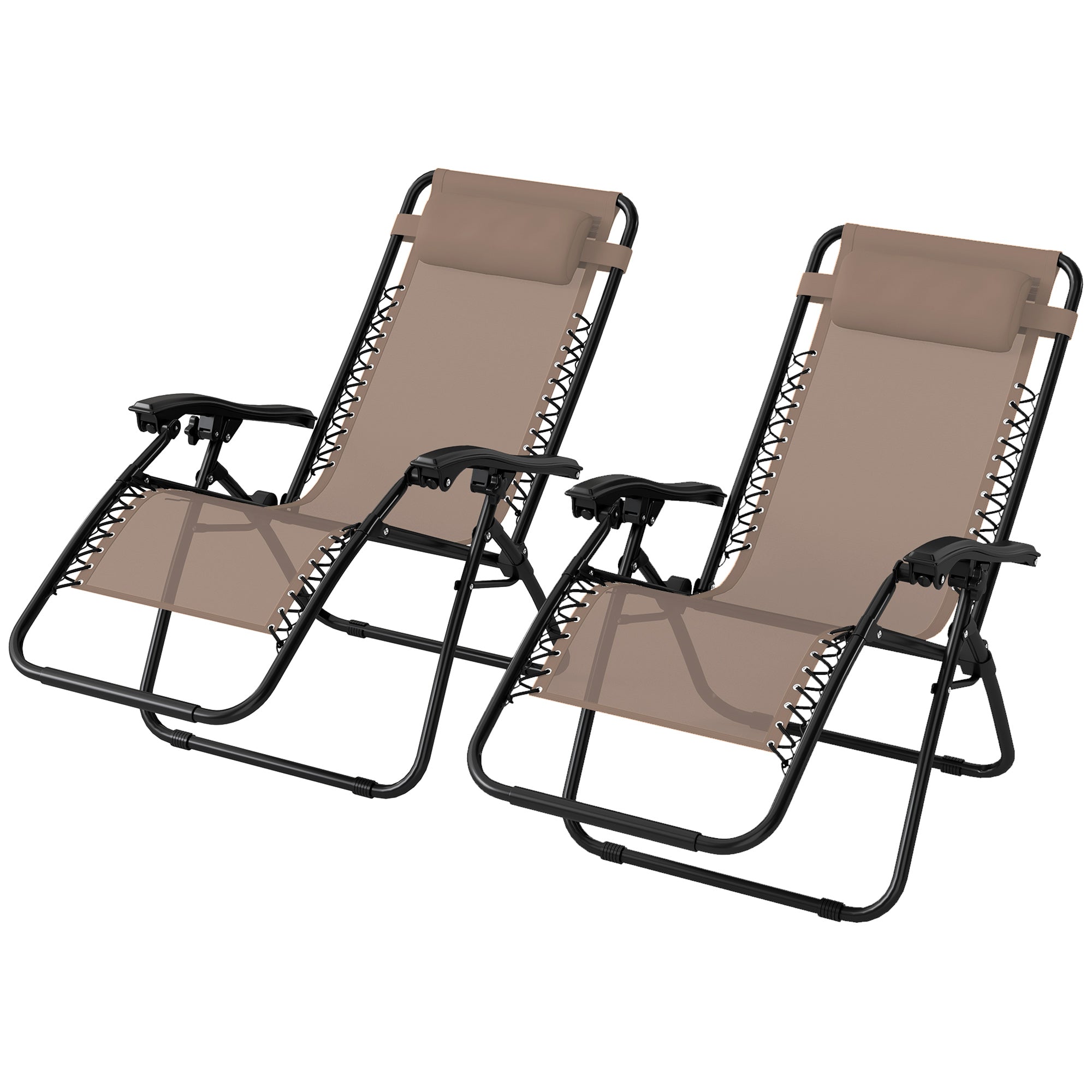 Zero Gravity Chair Set of 2, Metal Frame Texteline Armchair Outdoor Folding and Reclining Sun Lounger with Head Pillow for Patio Decking Gardens Camping, Beige