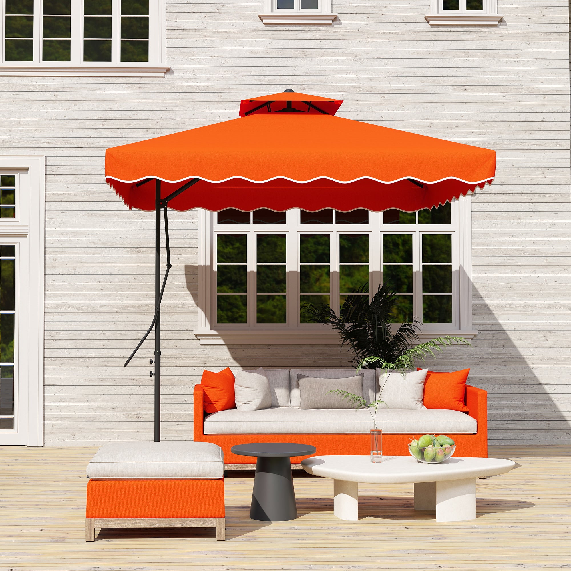 2.5m Cantilever Parasol with Easy Lever, Square Double Top Garden Parasol Umbrella with Ruffles and Cross Base, Overhanging Outdoor Sun Shades, Orange