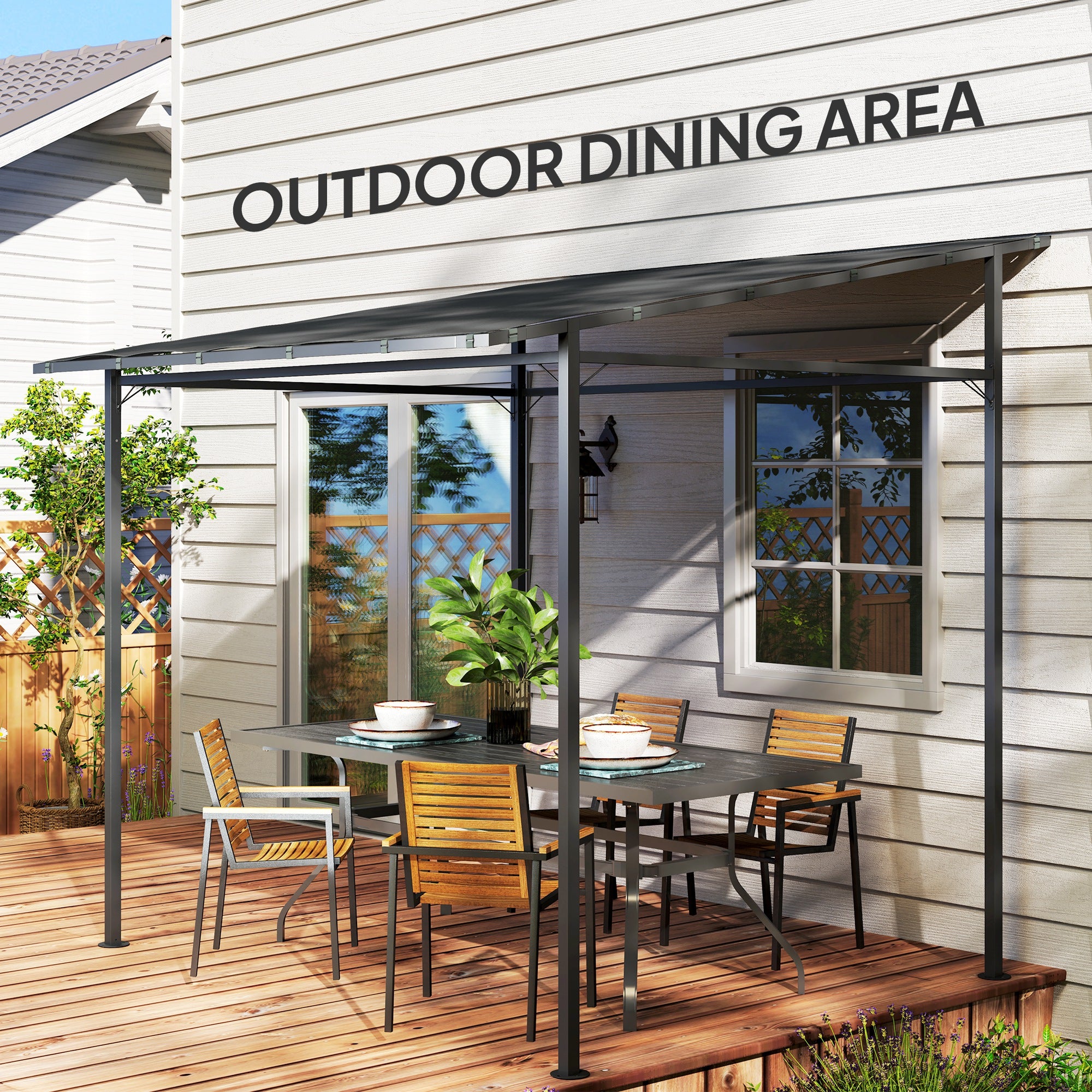 2.4 x 2.4 m Wall Mounted Pergola Gazebo with PA Coating Fabric and Metal Frame, UPF30+, Lean to Garden Gazebo, Wind Resistant Outdoor Sun Shade Shelter for Garden, Deck, Dark Grey