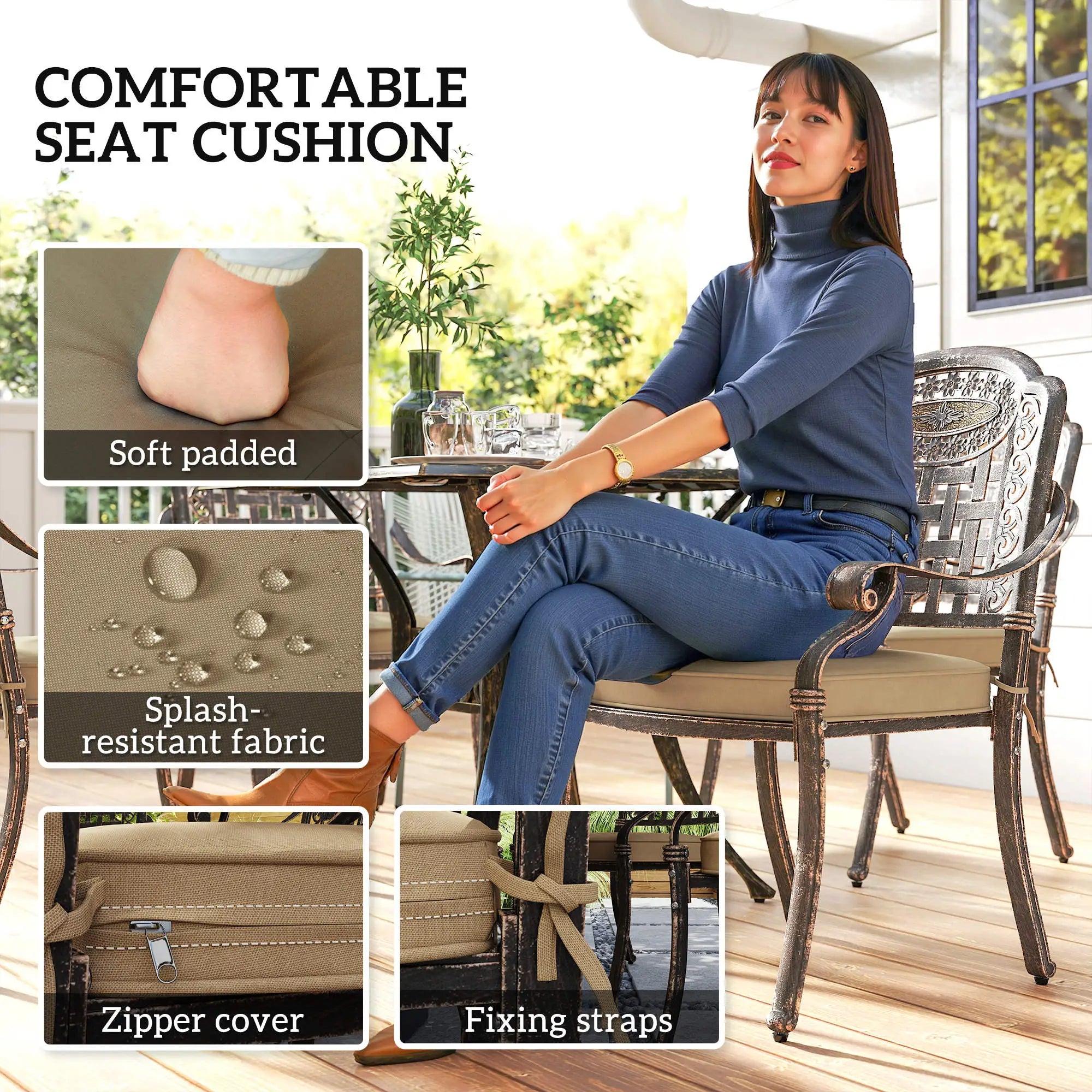 5 Piece Cast Aluminium Garden Dining Set with Cushions - Bronze Tone