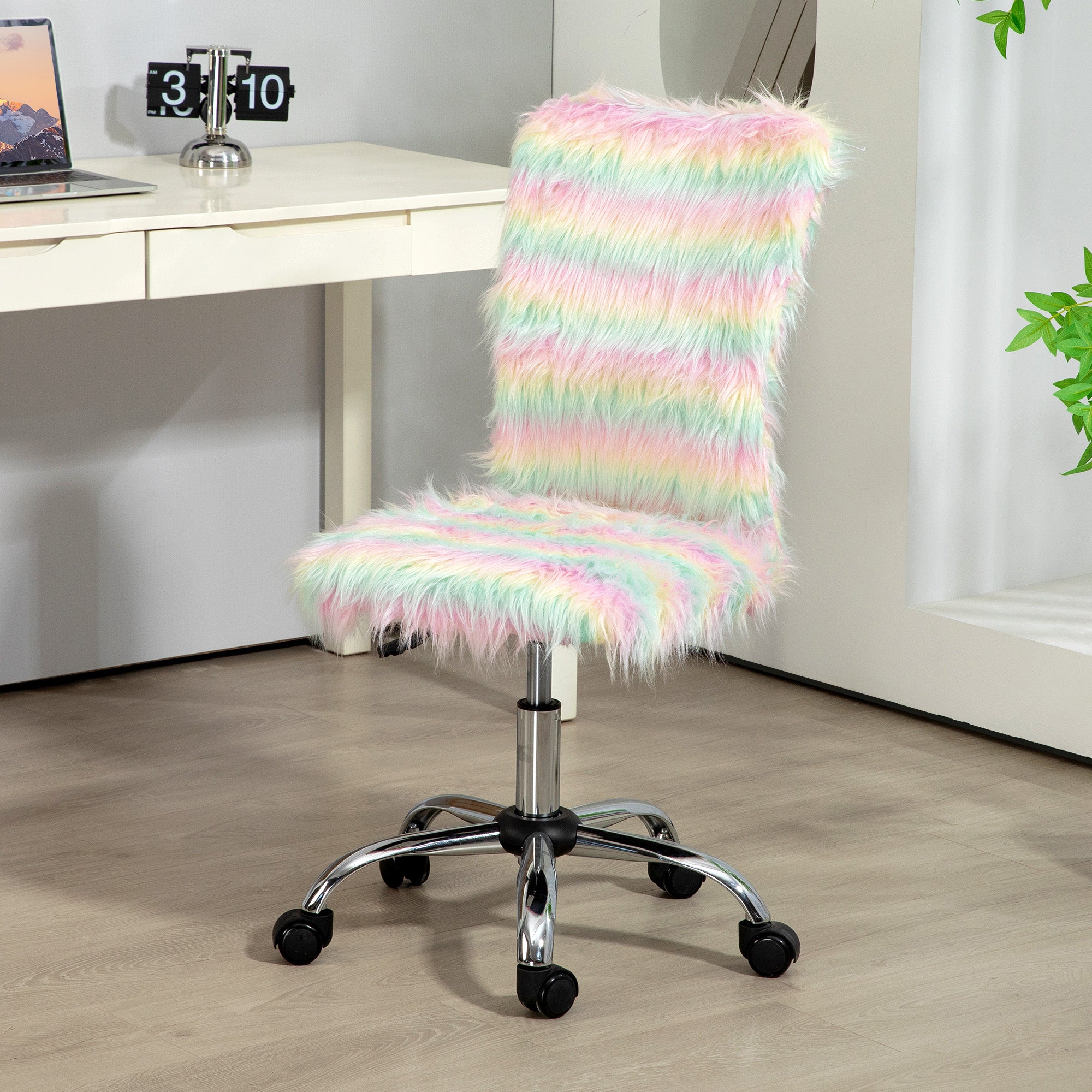 Armless Computer Desk Chair, Fluffy Fabric Swivel Office Chair, Makeup Vanity Chair with Height Adjustable, Wheels, for Home Study Bedroom, Unicorn Tone