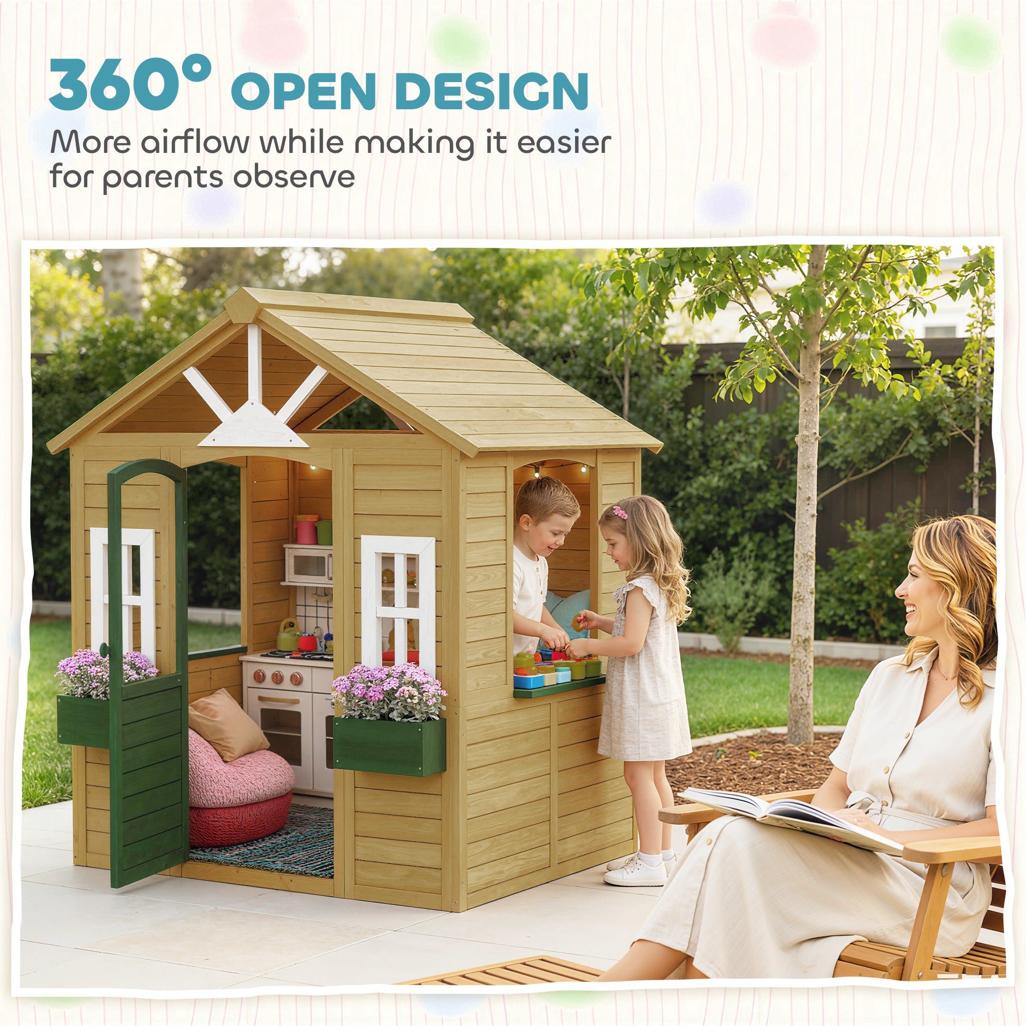 Outdoor Kids Playhouse, Wooden Wendy House with Door, 3 Windows, 2 Flower Boxes for Garden, Indoor Playroom