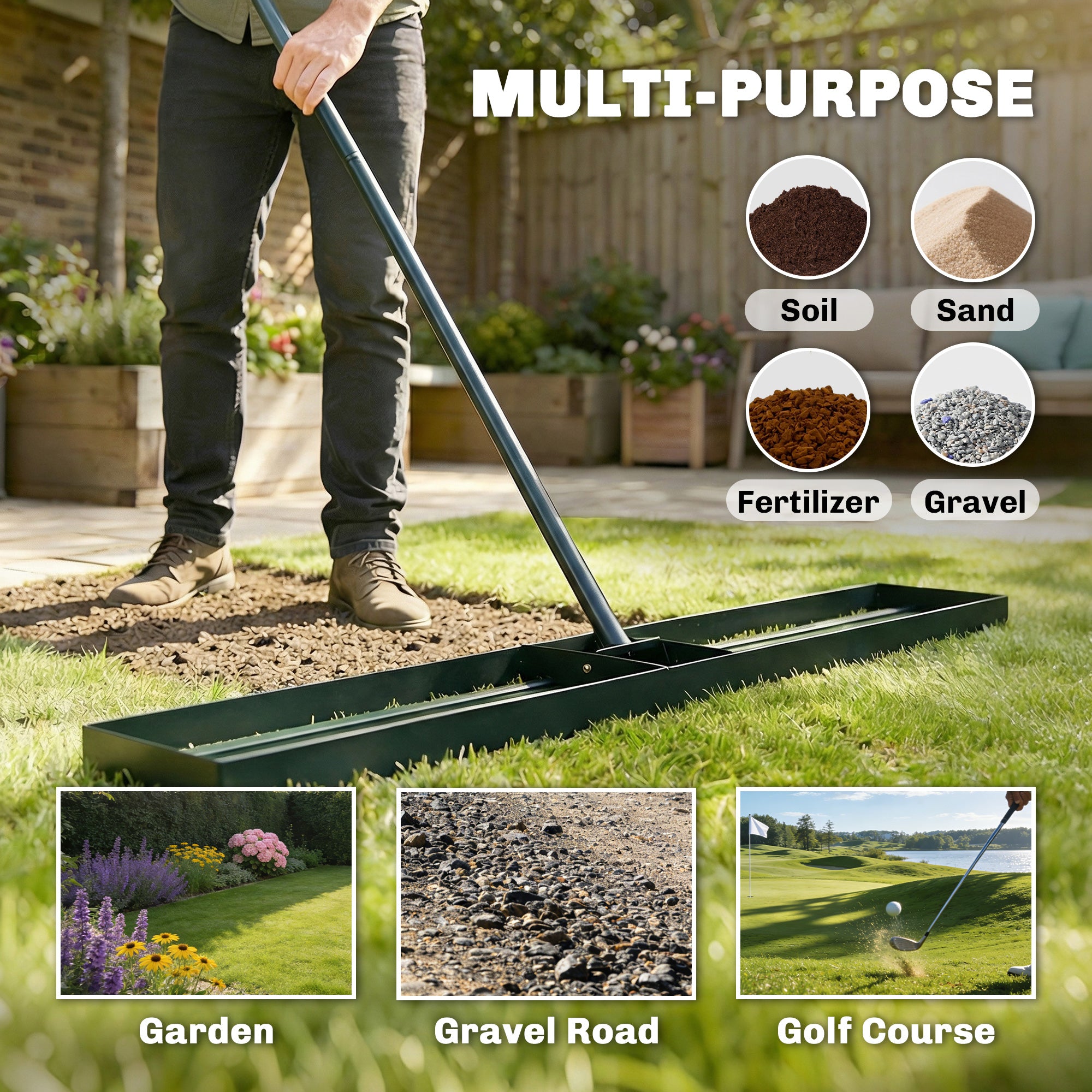 Lawn Levelling Rake, 113 x 26 cm Lawn Leveller Lute with 169 cm Handle for Grass Soil Sand Yard Golf Course