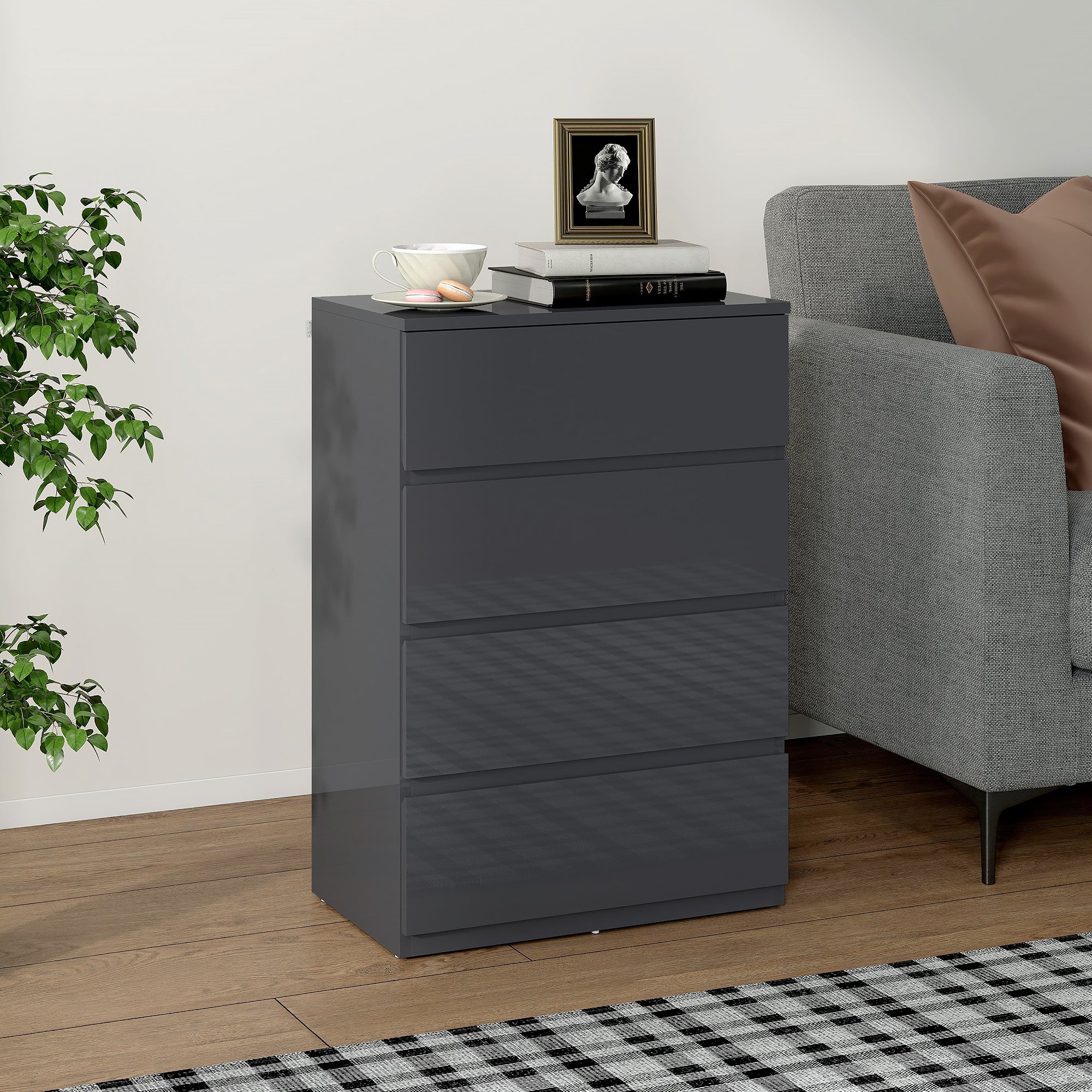High Gloss Chest of Drawers, 4-Drawer Storage Cabinets, Modern Dresser for Bedroom, Grey