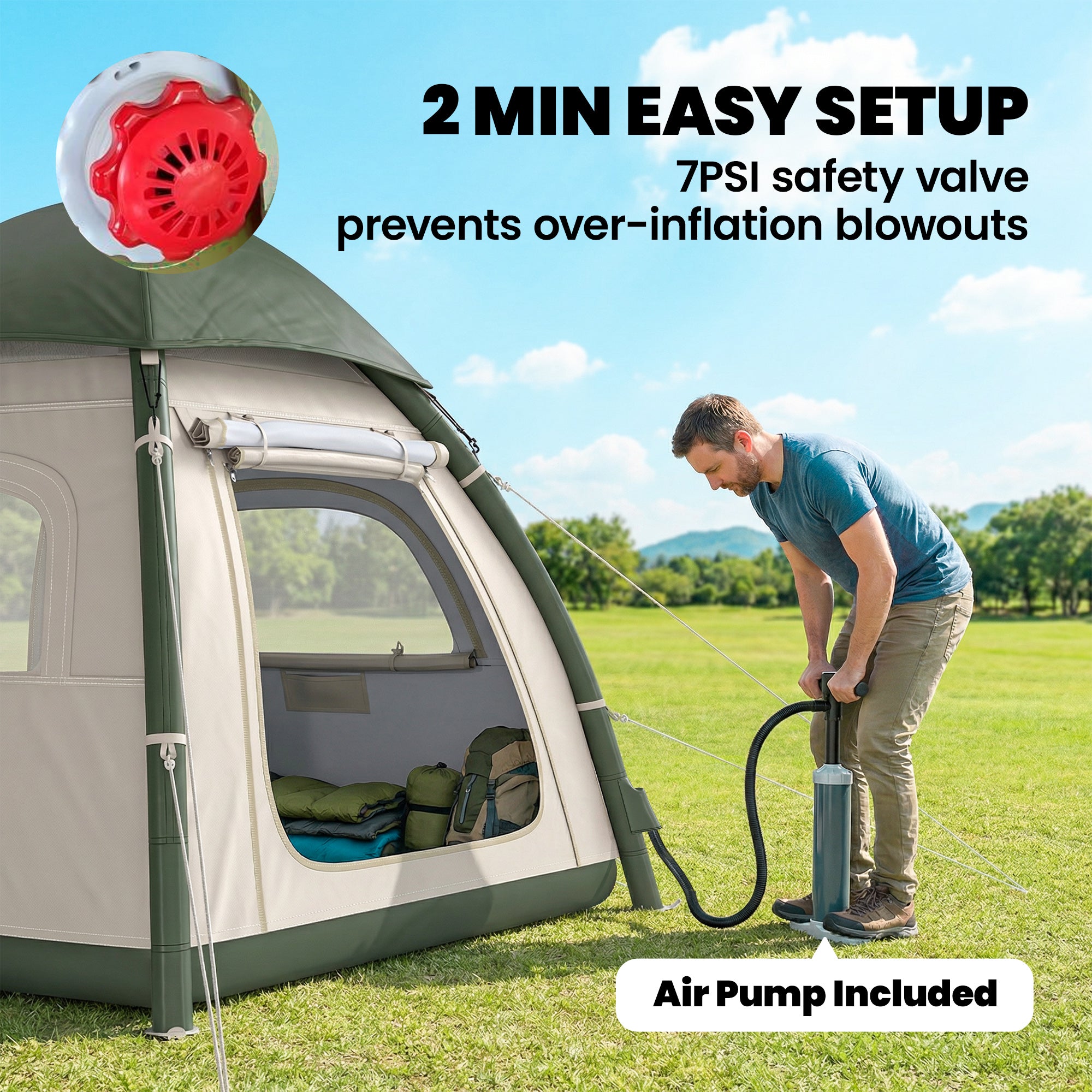 Inflatable Camping Tent with Rainfly, 3 Man Air Tent 3000mm Waterproof Blow Up Tents, Beige