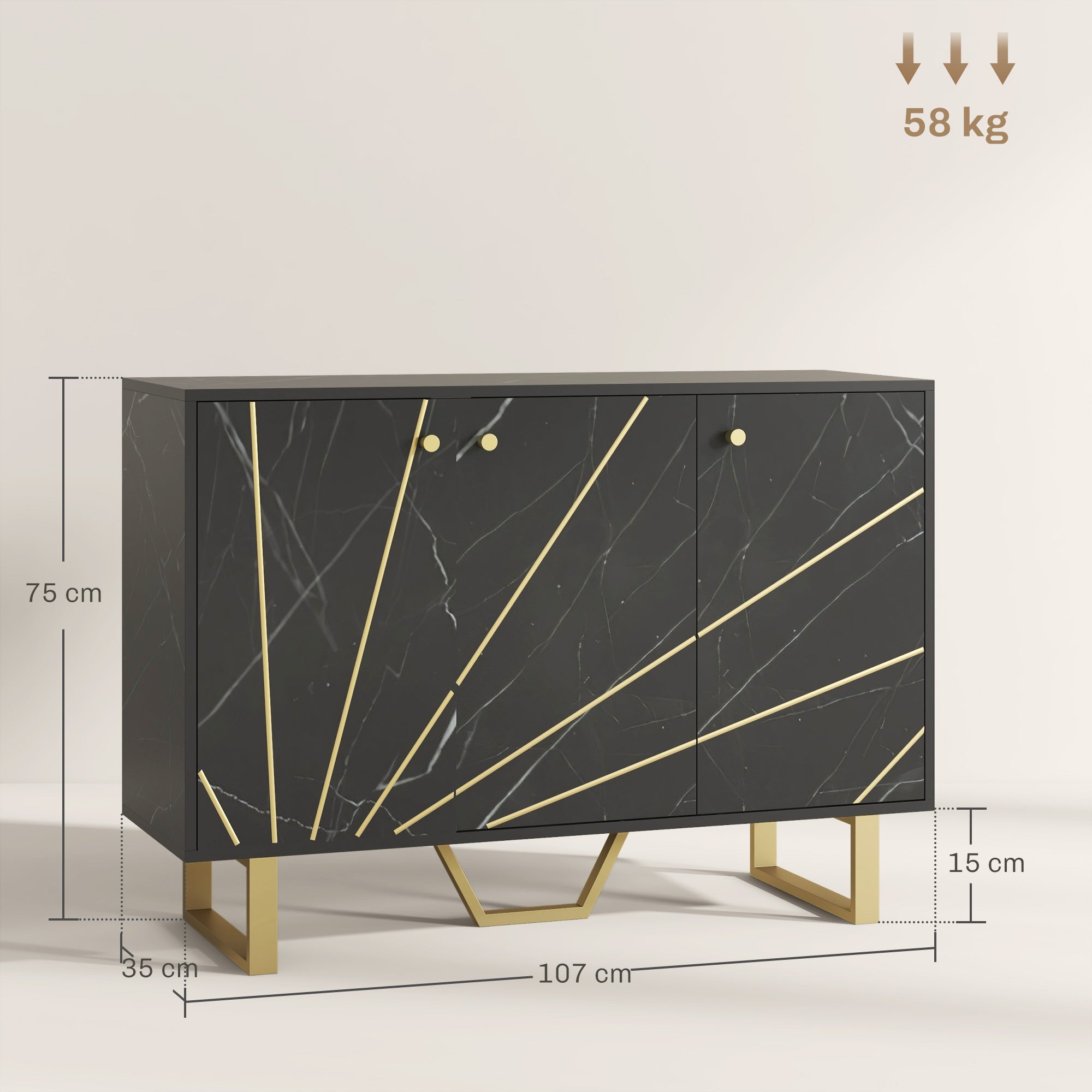 Sideboard Storage Cabinet, Modern Storage Cupboard with Adjustable Shelves and Metal Legs for Living Room, Kitchen, Dining Room, Entryway, Black Marble Tone
