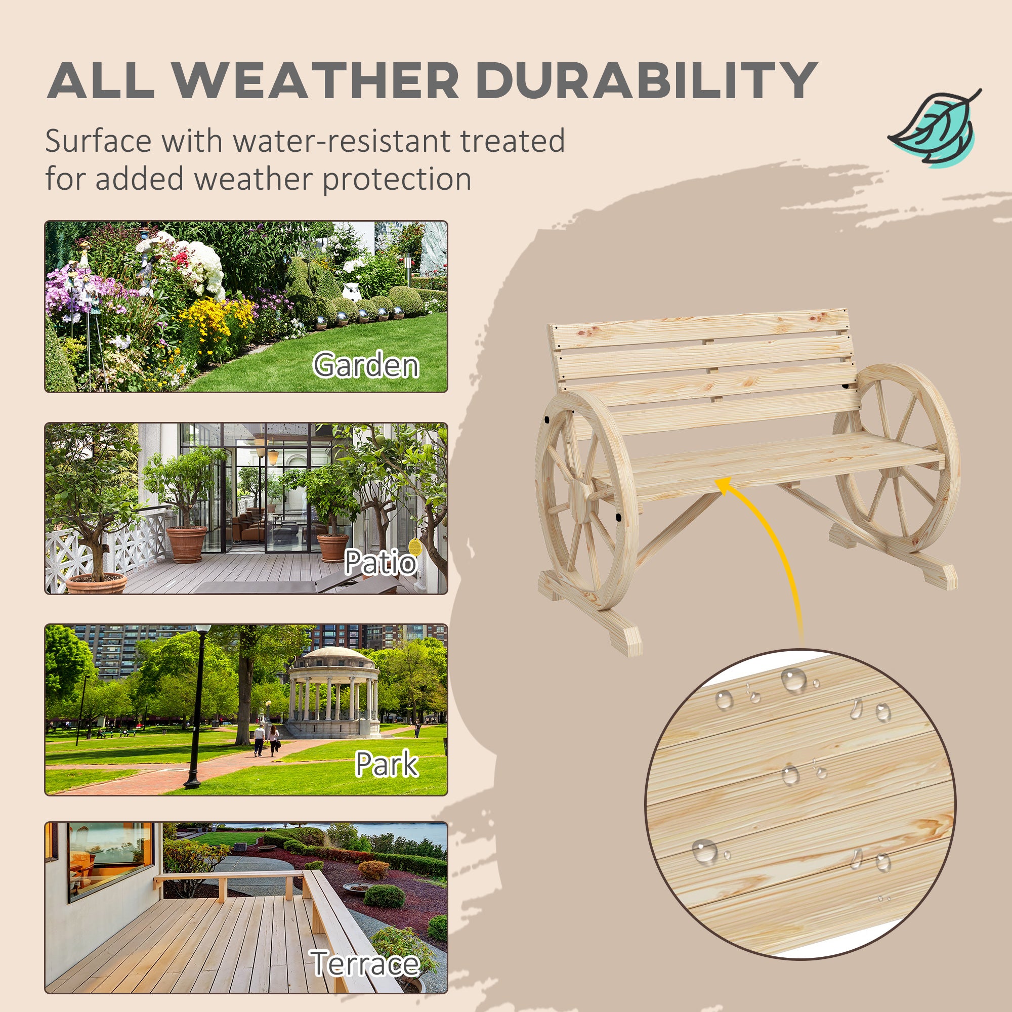 Wagon Wheel Chair Bench Armrest Rustic Loveseat Wood Outdoor Garden, Natural