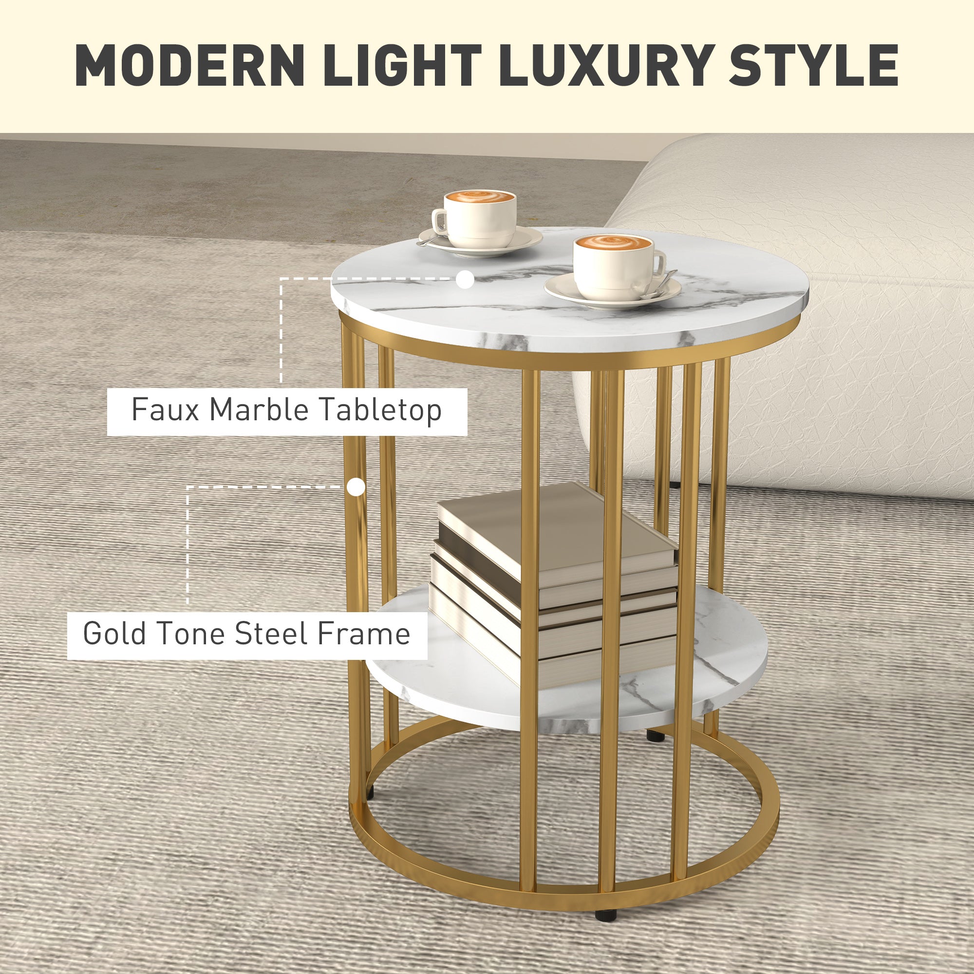 Set of Two Marble-Effect Two-Tier Coffee Tables - White/Gold-Tone