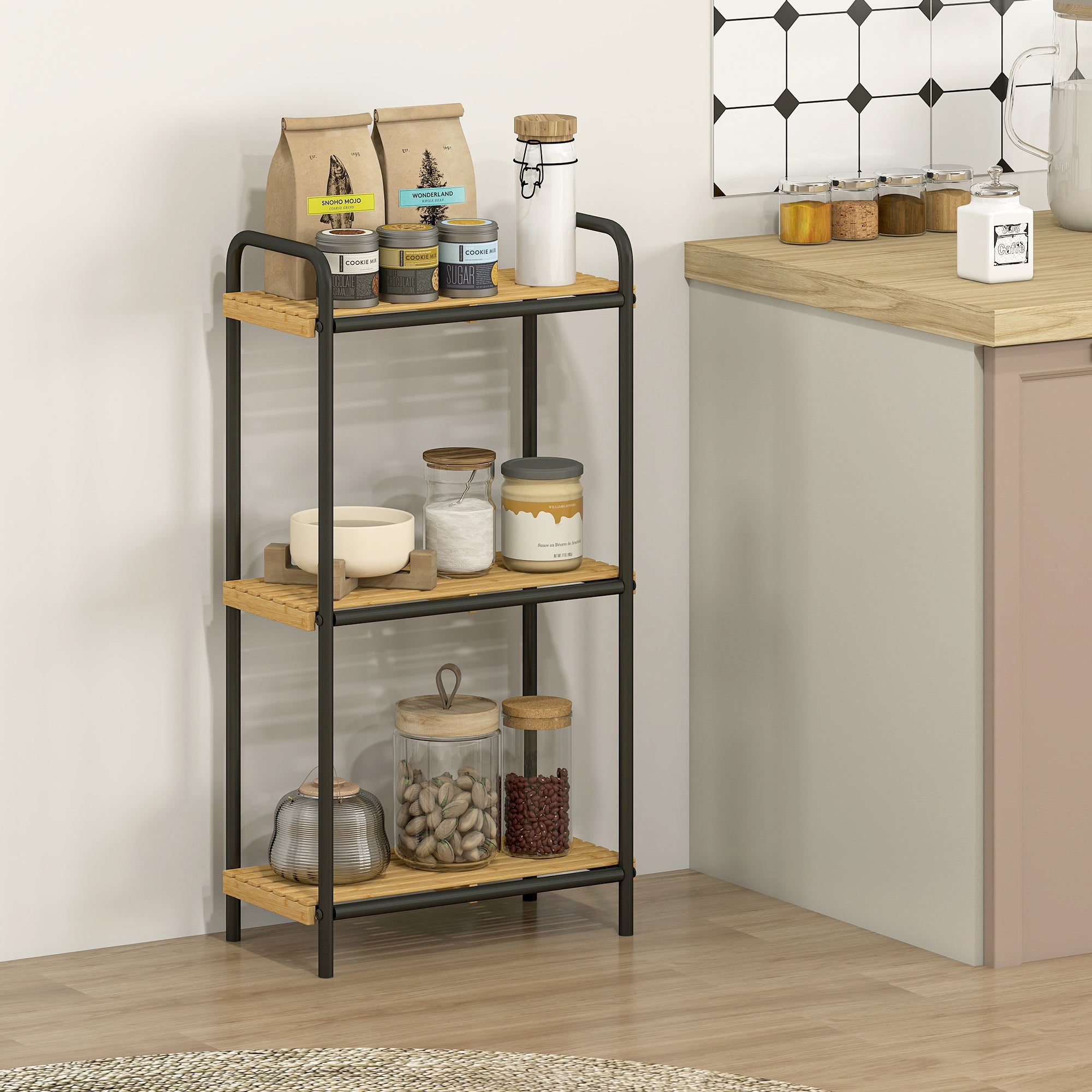 3-Tier Bamboo Bathroom Storage Shelf, Freestanding Narrow Shelving Unit with Slatted Shelves for Kitchen Bathroom Living Room, 41.5 x 21.5 x 77.5 cm, Natural and Black