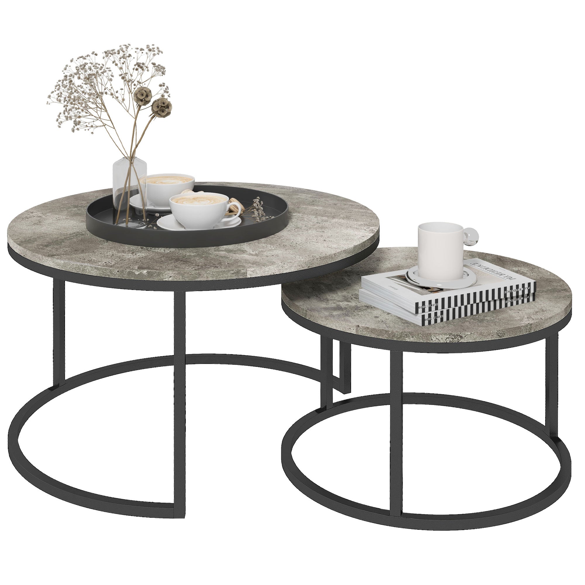 Set of Two Marble-Effect Stacking Tables - Grey/Black