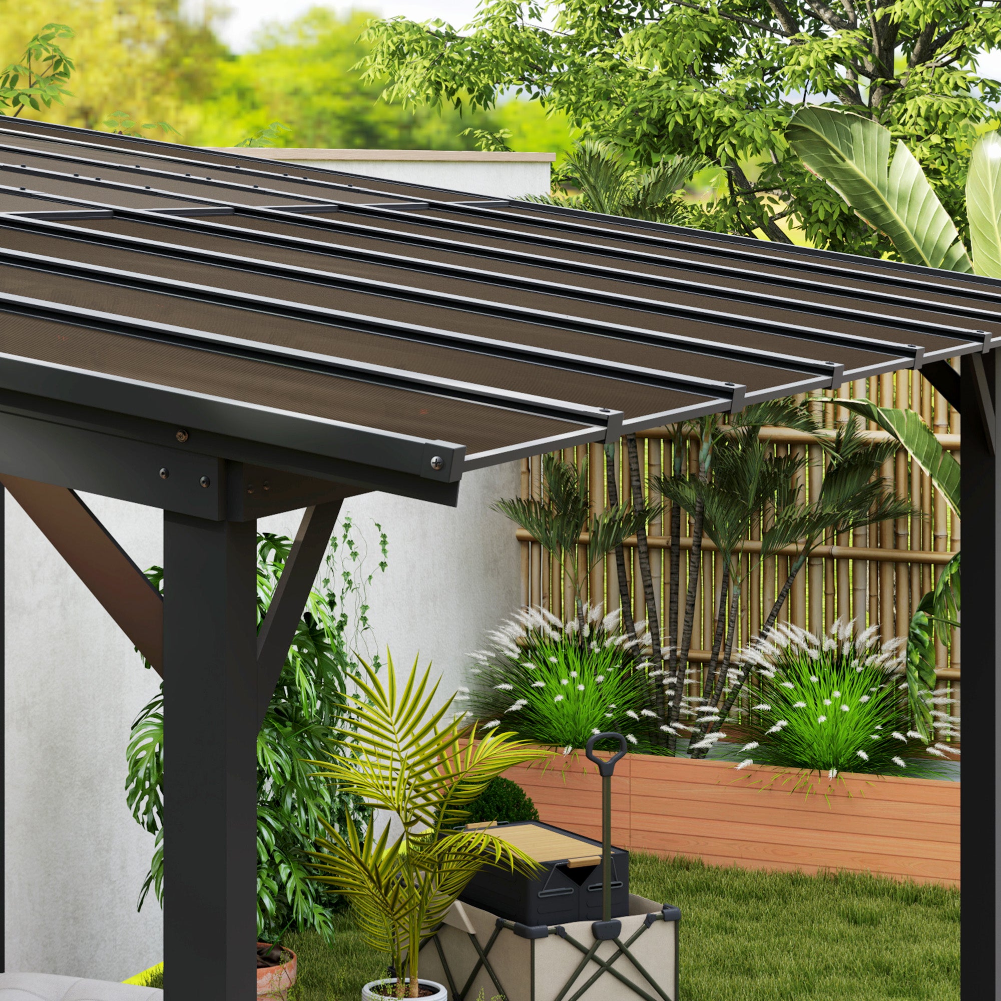 3 x 4.3m Metal Pergola with UPF 50+ and Waterproof Polycarbonate Roof, Wall-Mounted or Free Standing Garden Gazebo, Wind-resistant Outdoor Sun Shade, Dark Grey