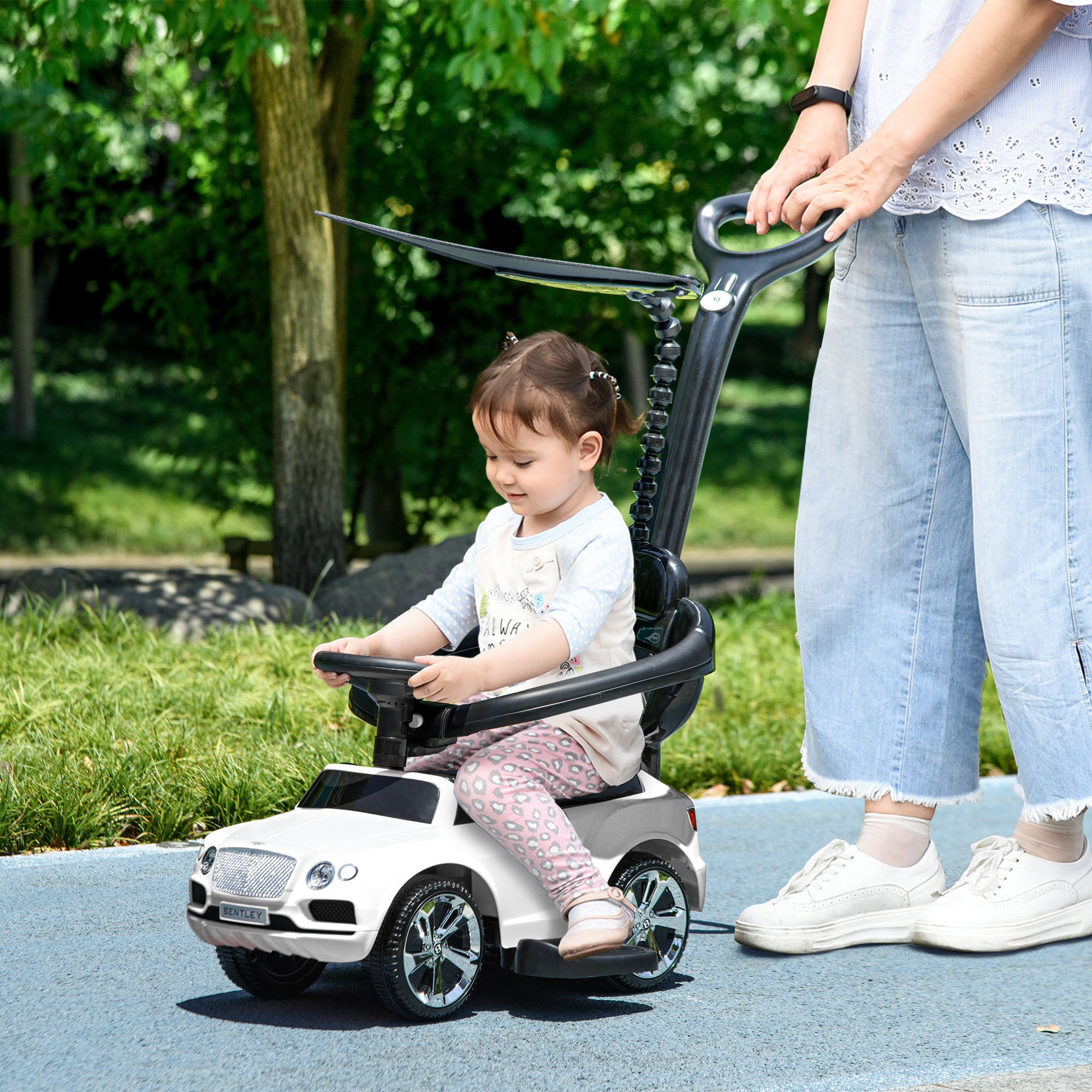 Bentley Bentayga Licensed 3-in-1 Baby Push Car, Ride on Car Sliding Car with Canopy, Horn Music - White