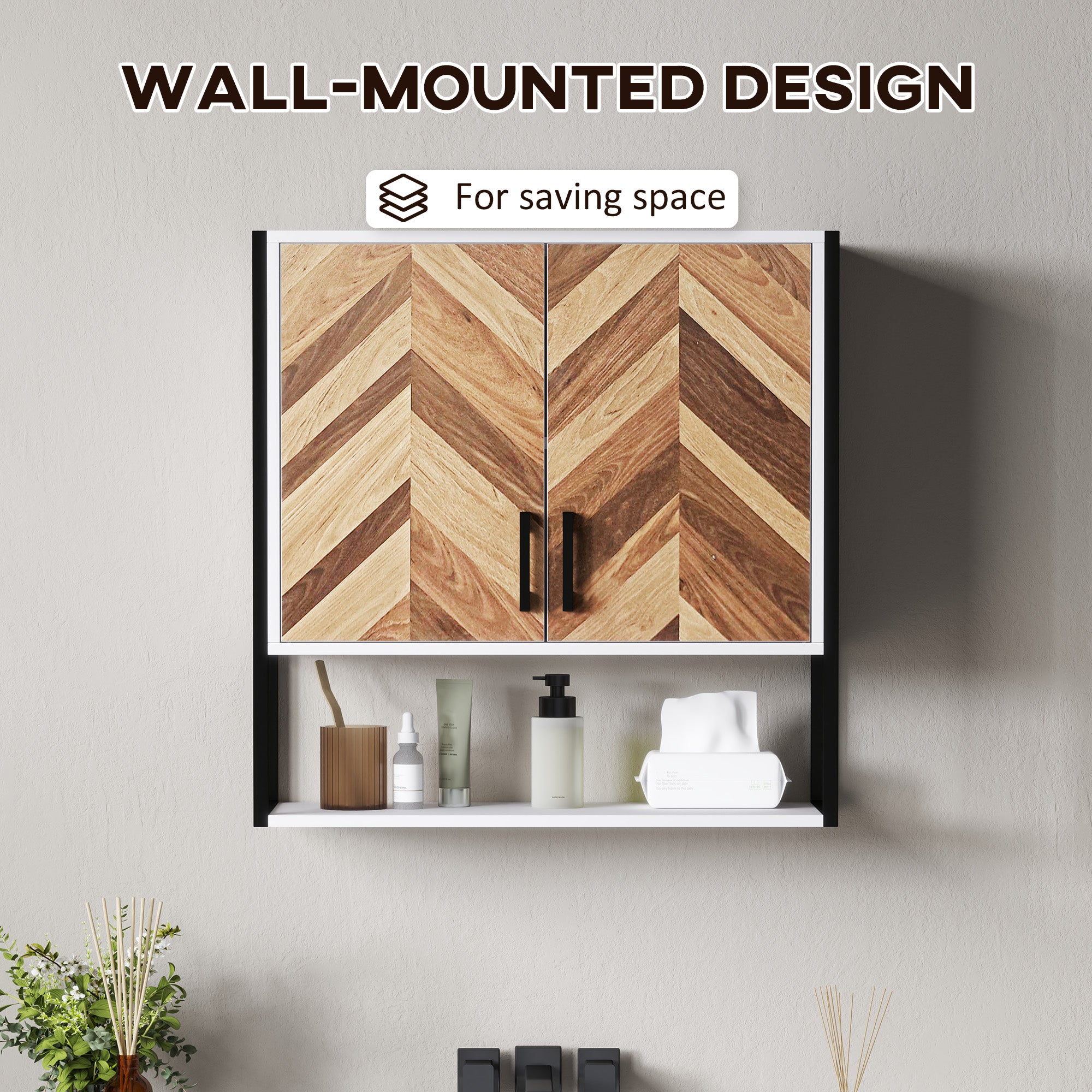 Wall Mounted Bathroom Medicine Cabinet with 2 Doors and Adjustable Shelf - Walnut