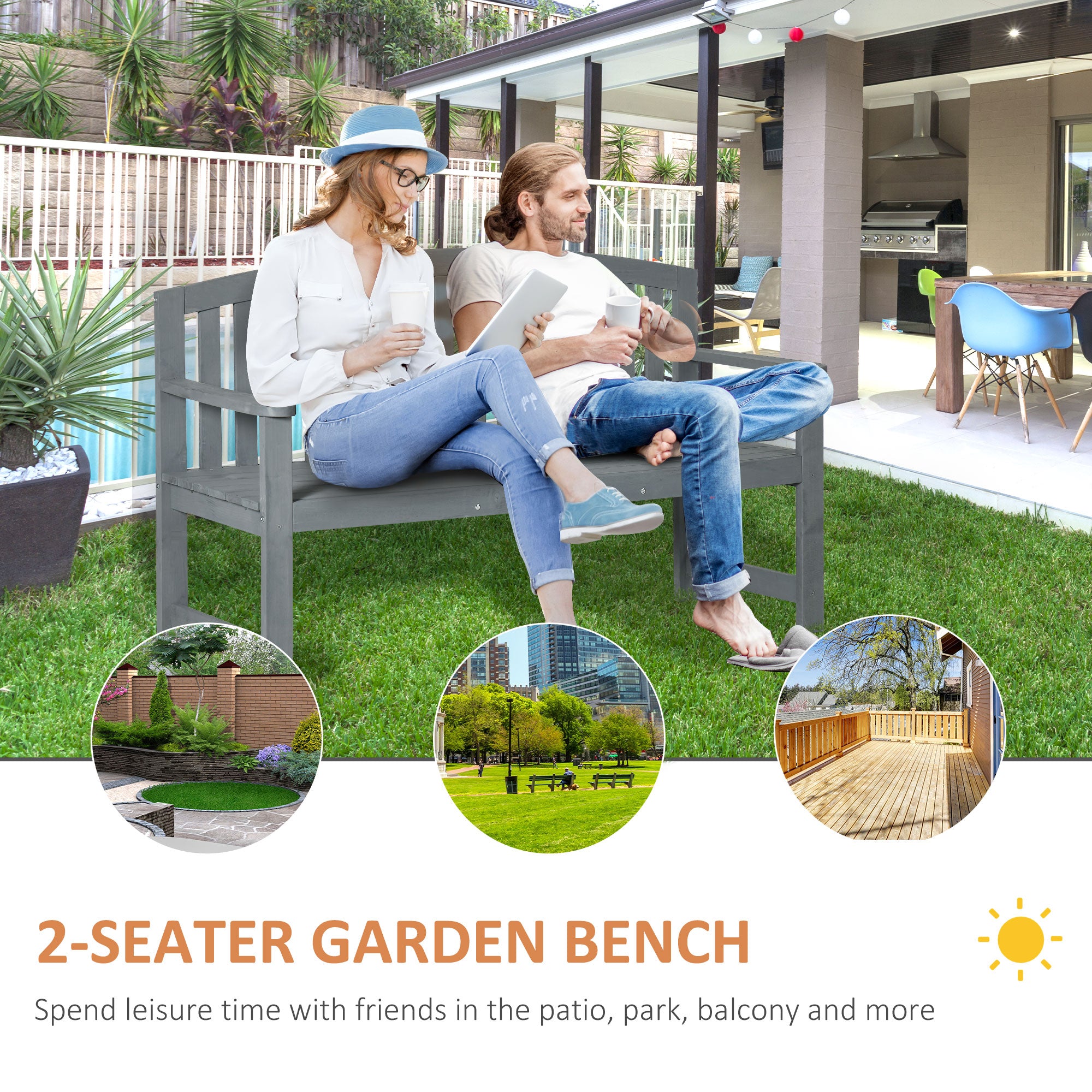 2 Seater Wooden Garden Bench with Armrest, Outdoor Furniture Chair for Park, Balcony, Grey