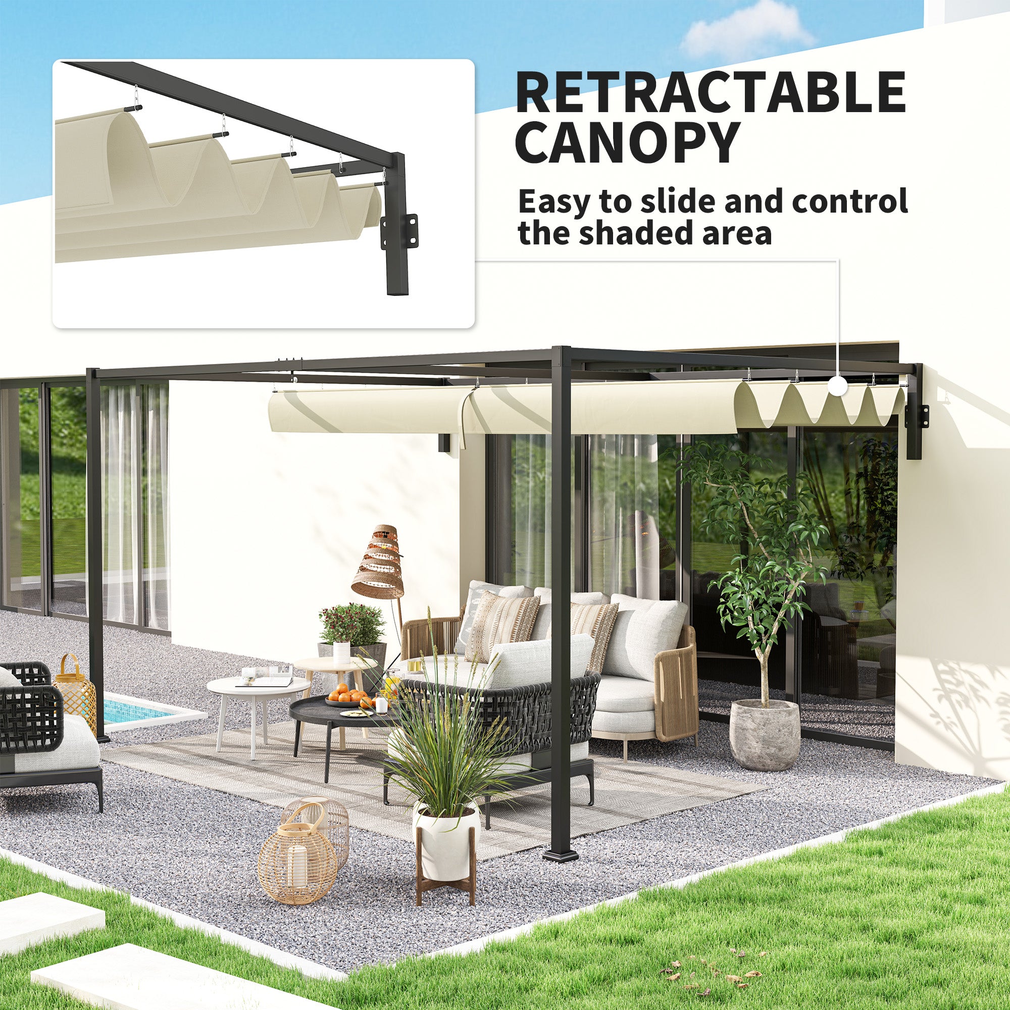 3 x 4m Steel Pergola with Retractable Canopy - Khaki