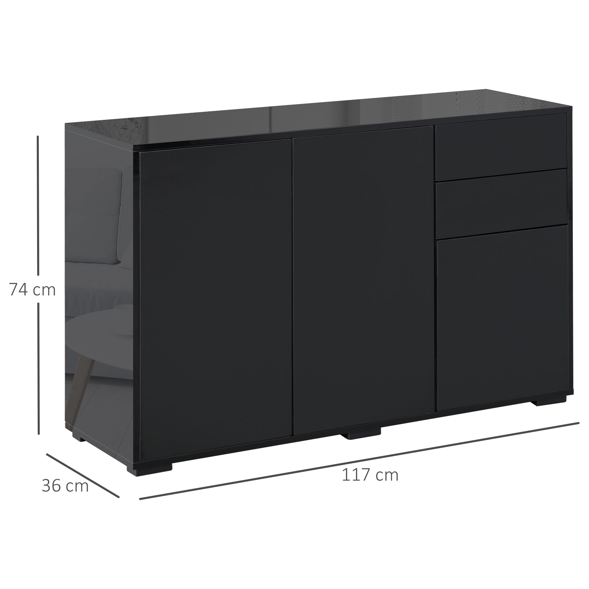 High Gloss Frame Sideboard, Side Cabinet, Push-Open Design with 2 Drawer for Living Room, Bedroom, Black