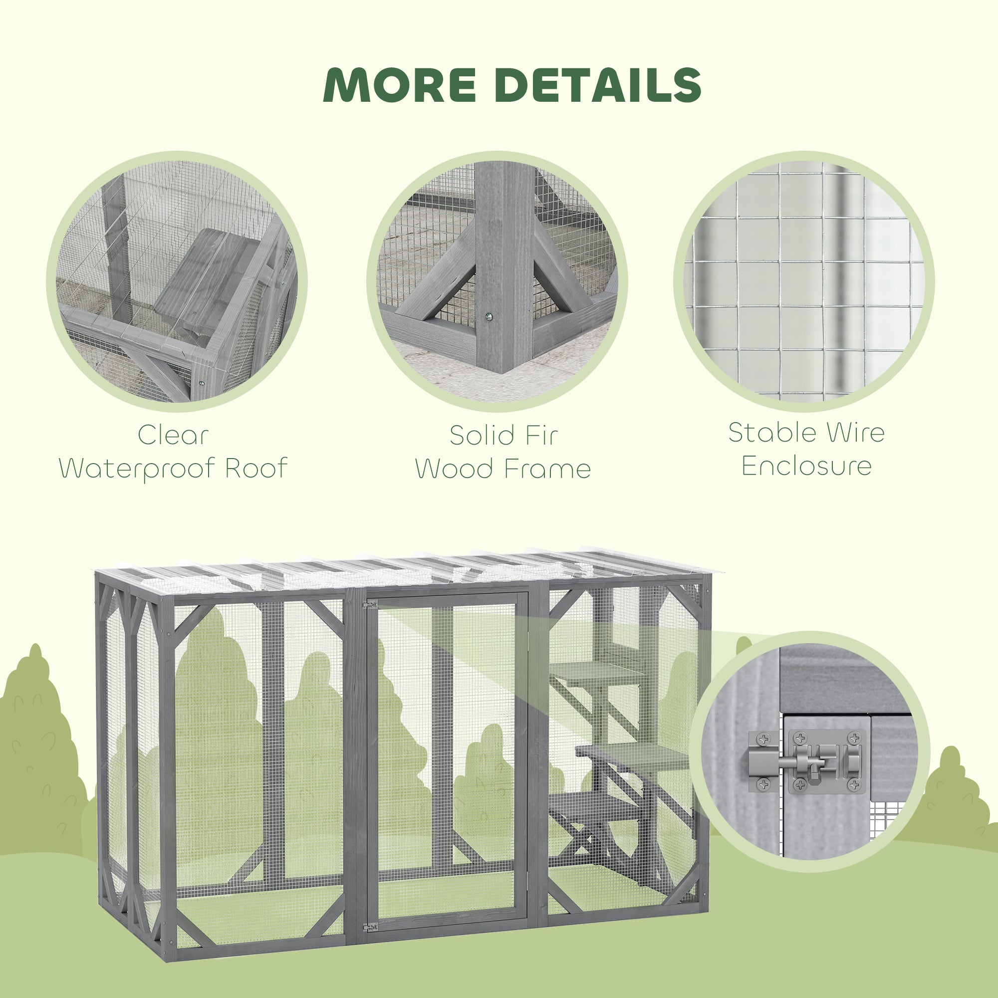 71" Outdoor Wooden Cat House with Three Platforms, Large Door, Water-Resistant Roof, for Multiple Cats, Grey