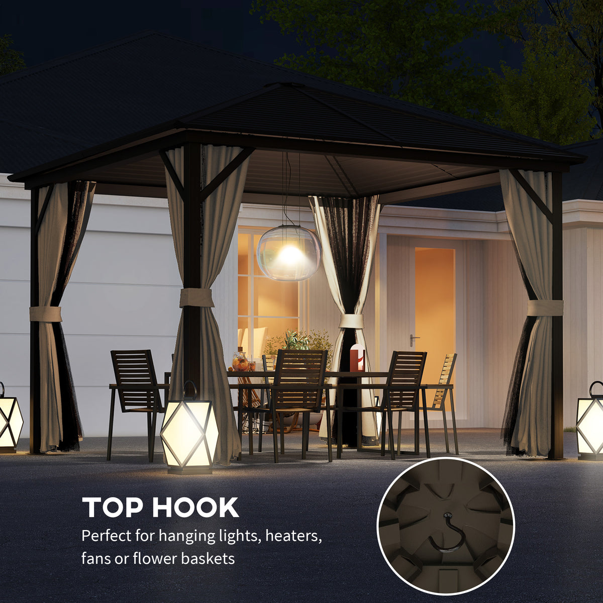 3 Piece Metal Hardtop Gazebo with Curtains and Accessories - Brown
