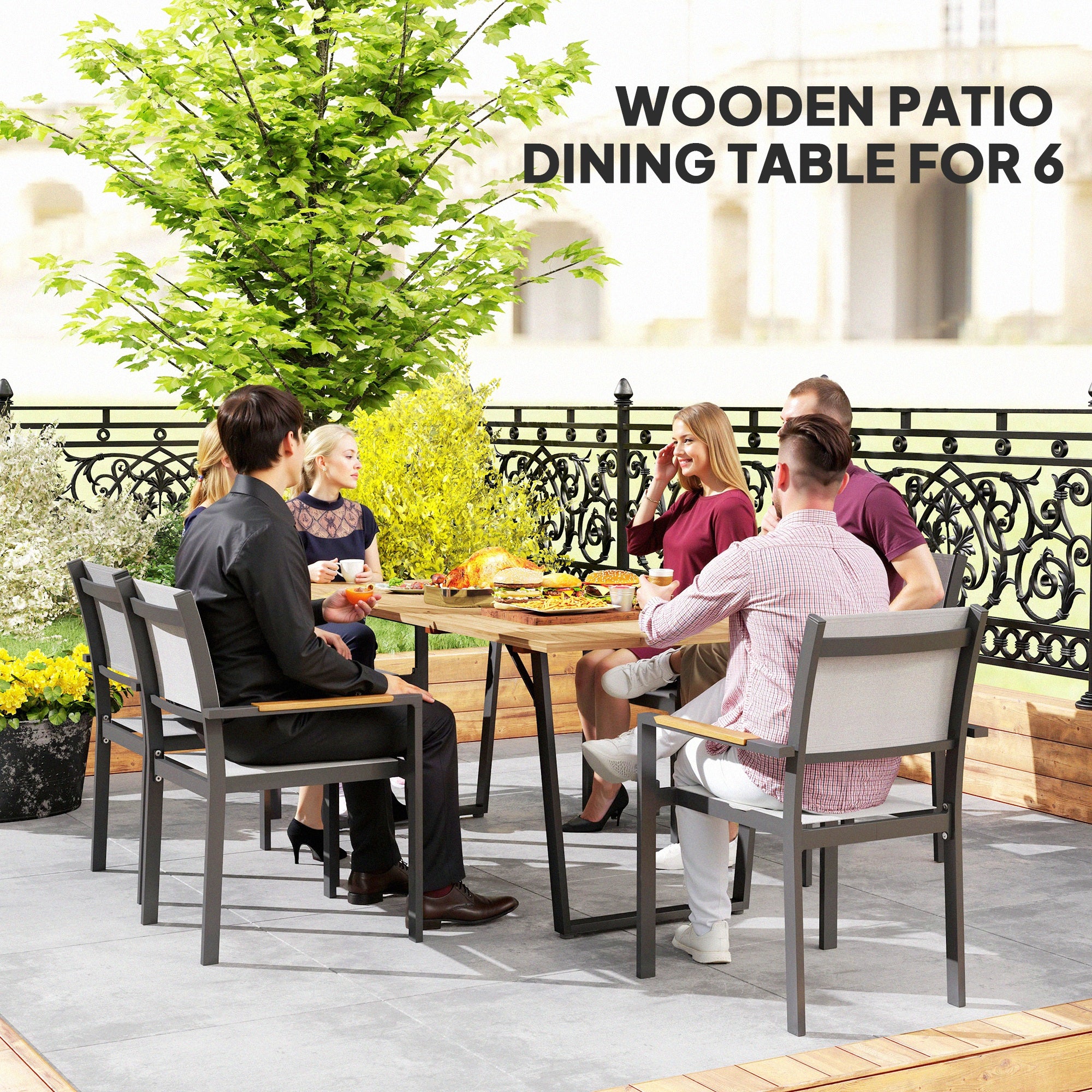6 Seater Wooden Garden Dining Table, 175 x 80 cm Rectangular Outdoor Dining Table with 5cm Parasol Hole and Slatted Top, Weather Resistant for Patio, Terrace, Brown