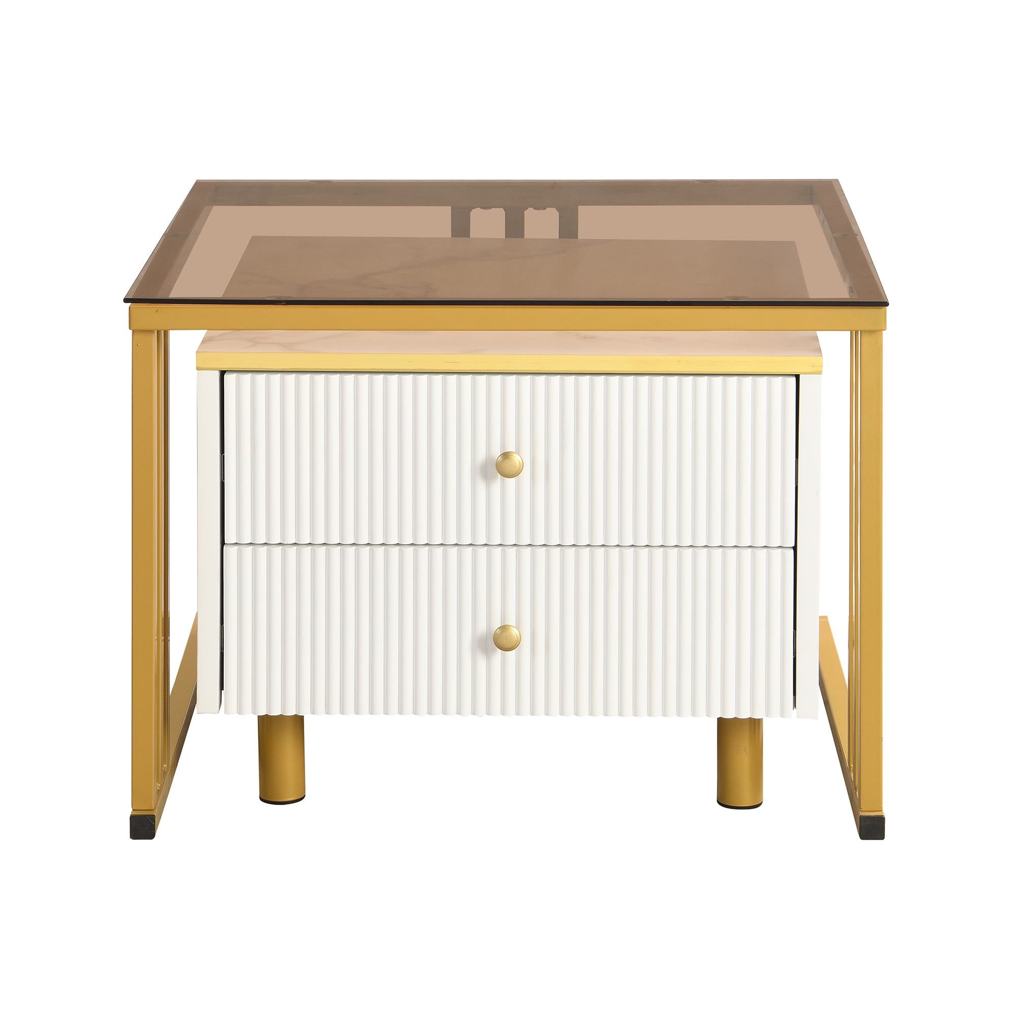 2 Piece Nesting Coffee Table Set with Marble Pattern and Modern Gold Design, Square End Table with Drawer and Metal Frame, Gold+White