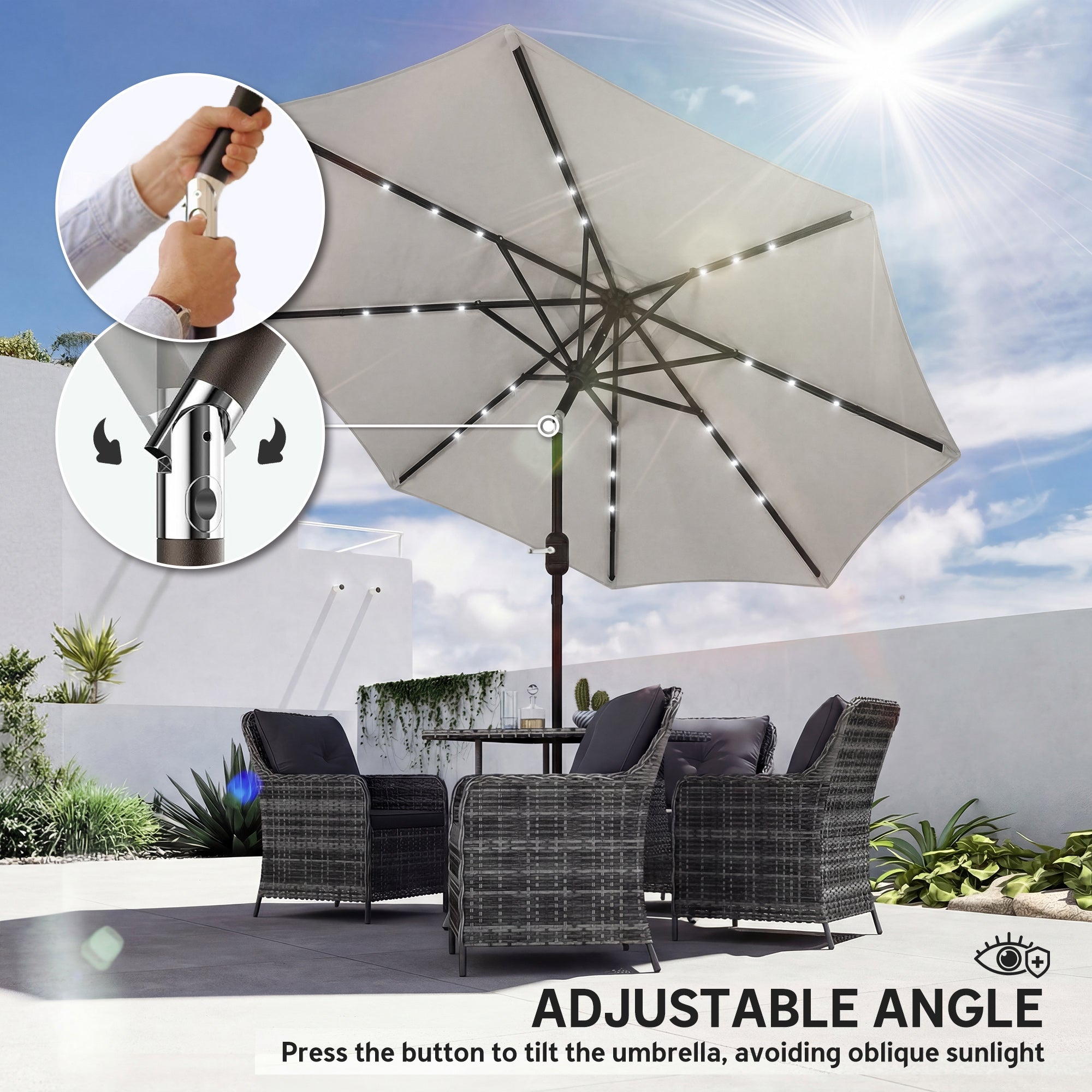 2.6 m Garden Parasol Umbrella with LED Solar Light, Parasol Cover, Outdoor Market Patio Umbrella, Light Grey