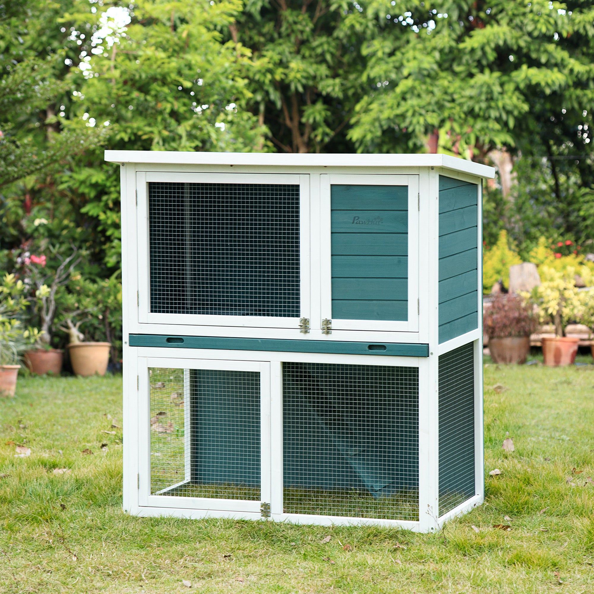 2 Tier Wooden Rabbit Hutch, Guinea Pig Cage, Bunny Run, Small Animal House for Indoor Outdoor with Slide-out Tray, Ramp, 104 x 58 x 110cm, Green